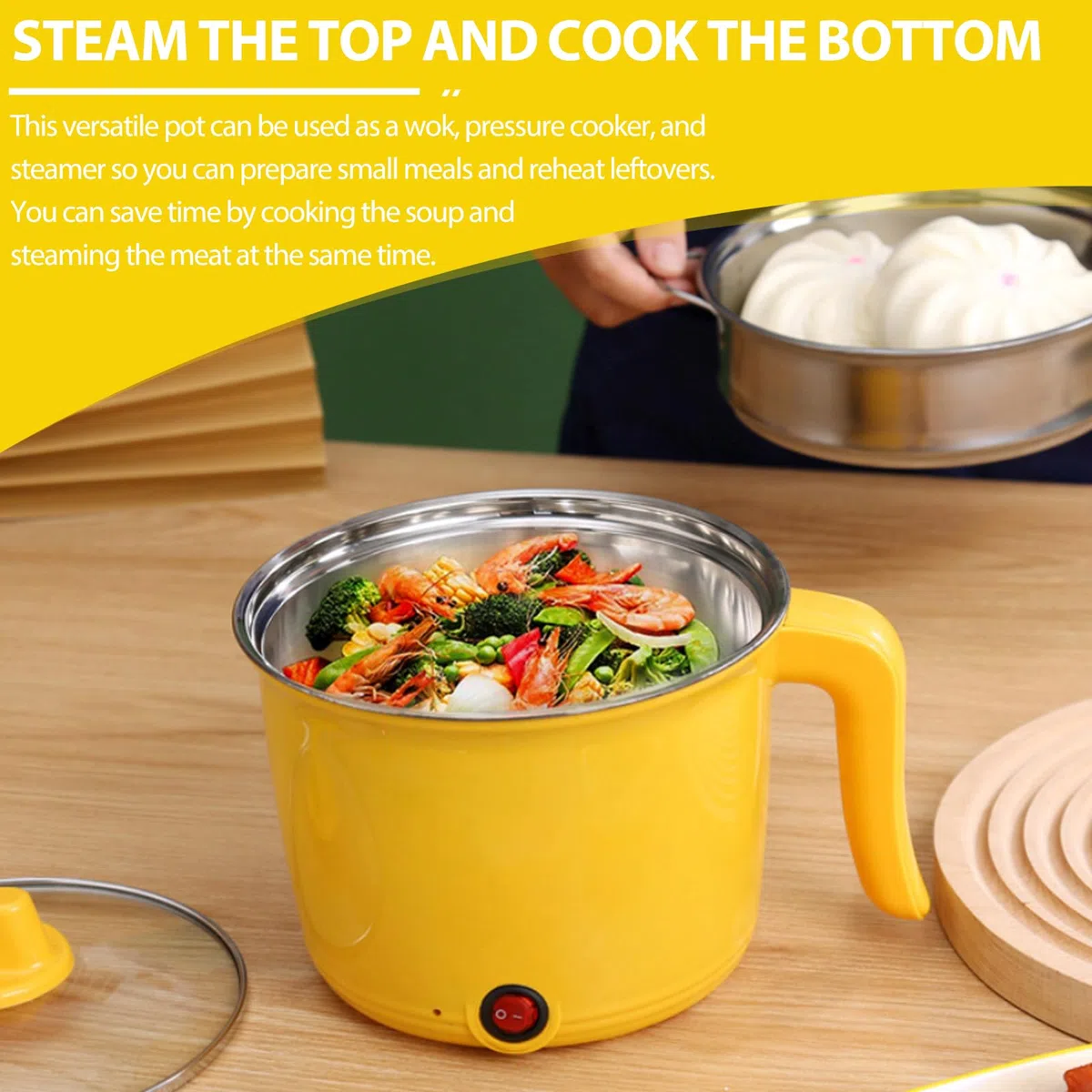 Elektrische Hot Pot mit Dampfgarer, Hotpot Topf Elektrischer Mehrzweckpfanne Mini Tragbare Antihaft Multikocher, Electric Bratpfanne Schneller Ramen Kocher für Steak/Nudeln/Suppe/Ei/Hafer