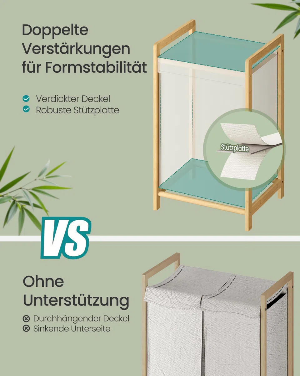 SONGMICS Wäschekorb 2 Fächer, Wäschesammler mit Bambusrahmen, verstärkter und abnehmbarer Deckel, Wäschesack abnehmbar, Wäschesortierer 100 L, cremeweiß RLH102WD01