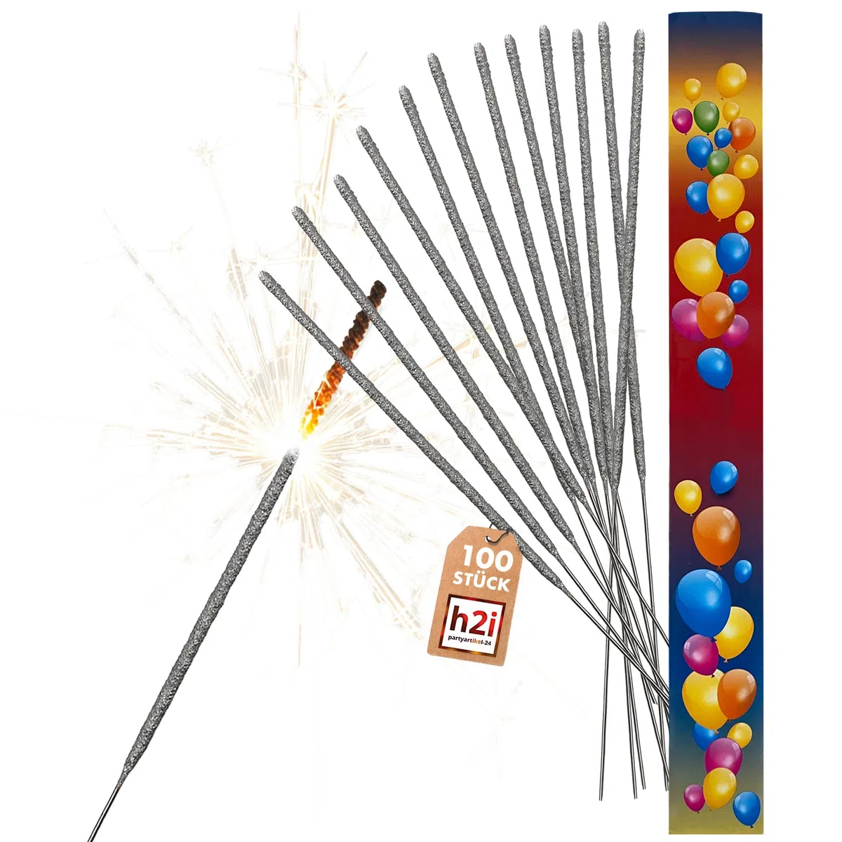 h2i Wunderkerzen | 100 Stück | 28 cm | Brenndauer ca. 60 Sek | Geburtstagskerzen Sprühkerze Spritzkerze Sternenspritzer und Funkenzauber für Party Hochzeit Silvester Geburtstag | Kat F1