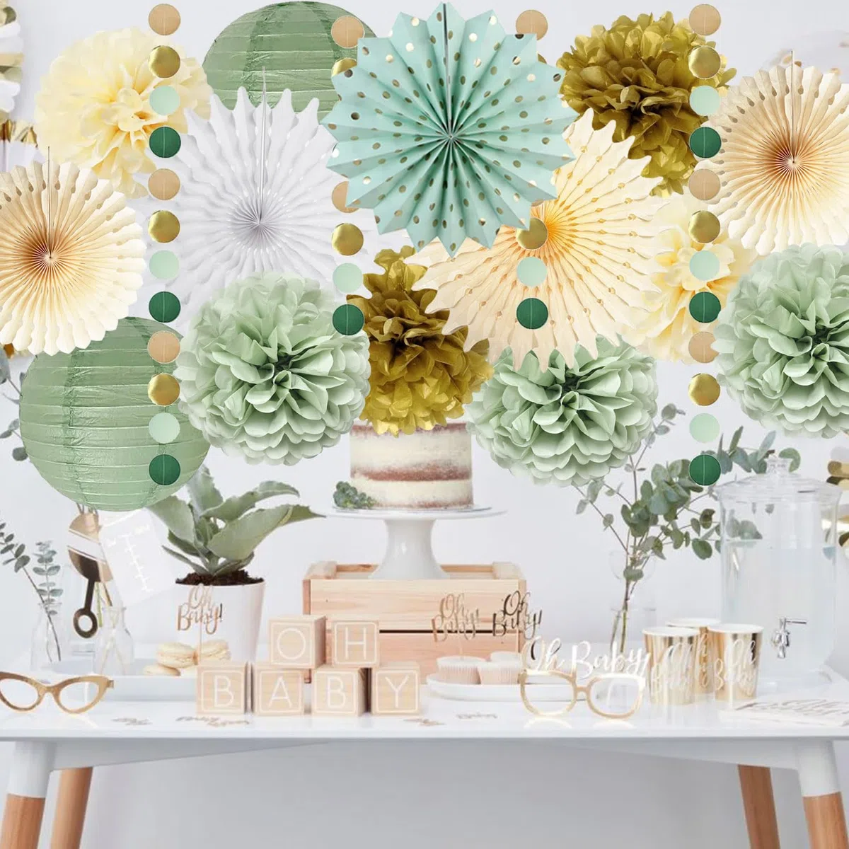 Salbeigrüne Partydekorationen Salbeigrünes Creme Gold Seidenpapier Pom Poms Papierfächer Olive Salbei Gold Kreispunkte Girlande für Salbei Geburtstag Babyparty Verlobung Brautparty Hochzeitsparty