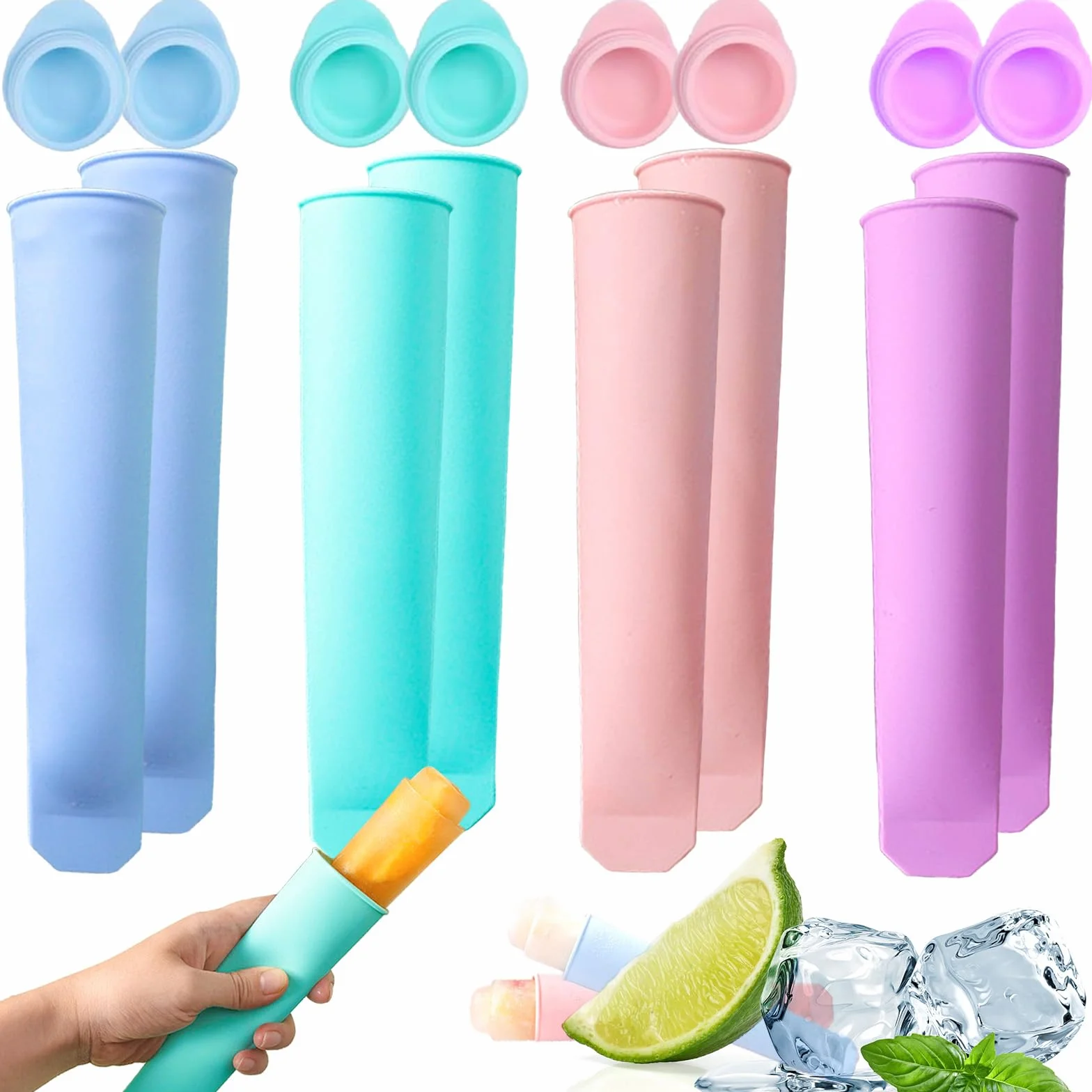 KEELYY Eisformen Silikon 8 Stück Eisformen eis am stiel Silikonform Eistüten mit Deckel, Wassereis Formen Tüten Wiederverwendbar Popsicle Eisform für Wassereis