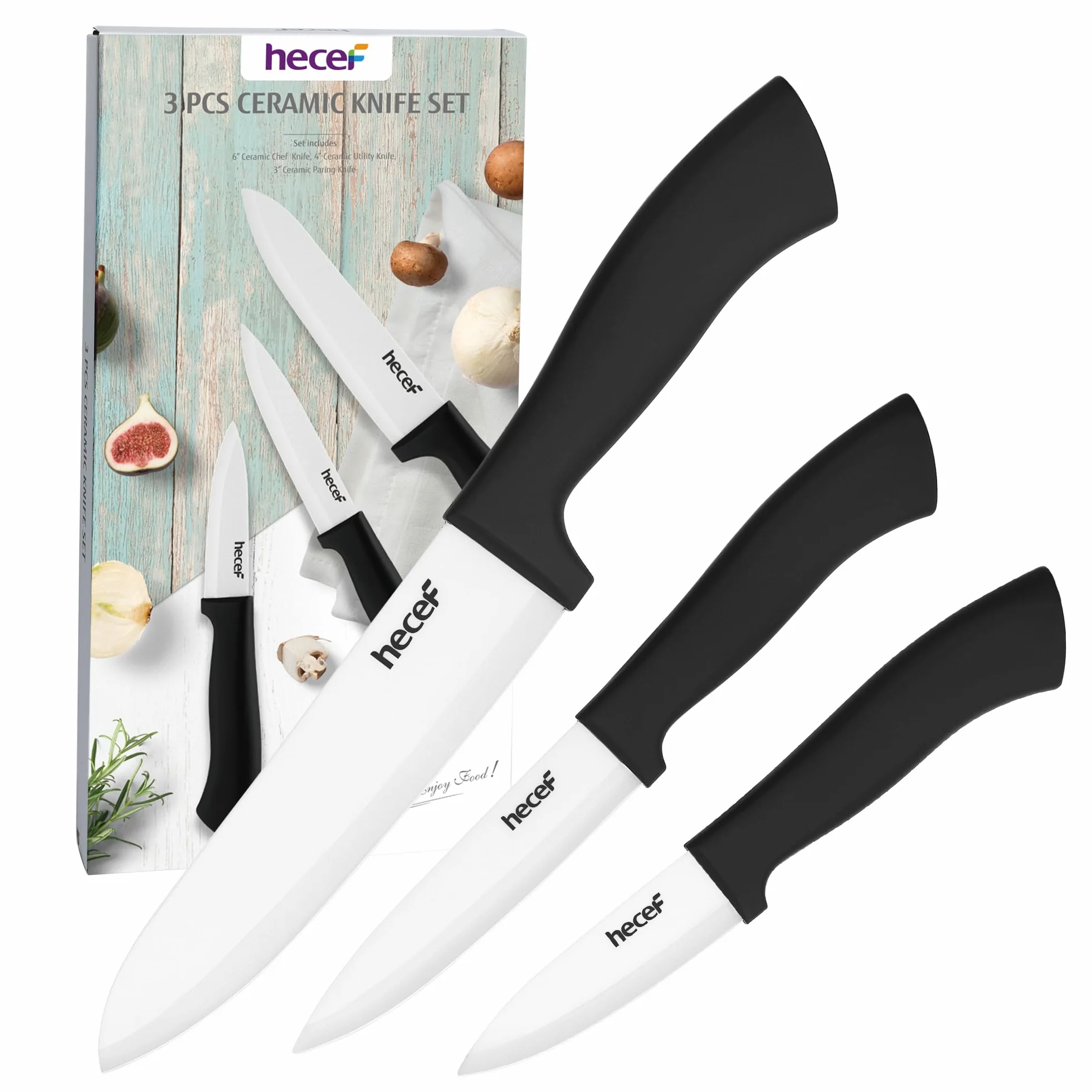 hecef Keramikmesser set 3-teilig mit Messer, Küchenmesser Set Nie Eingerostet, Keramik 6'' Kochmesser, 4'' Obstmesser, 3'' Gemüsemesser (Weiß)