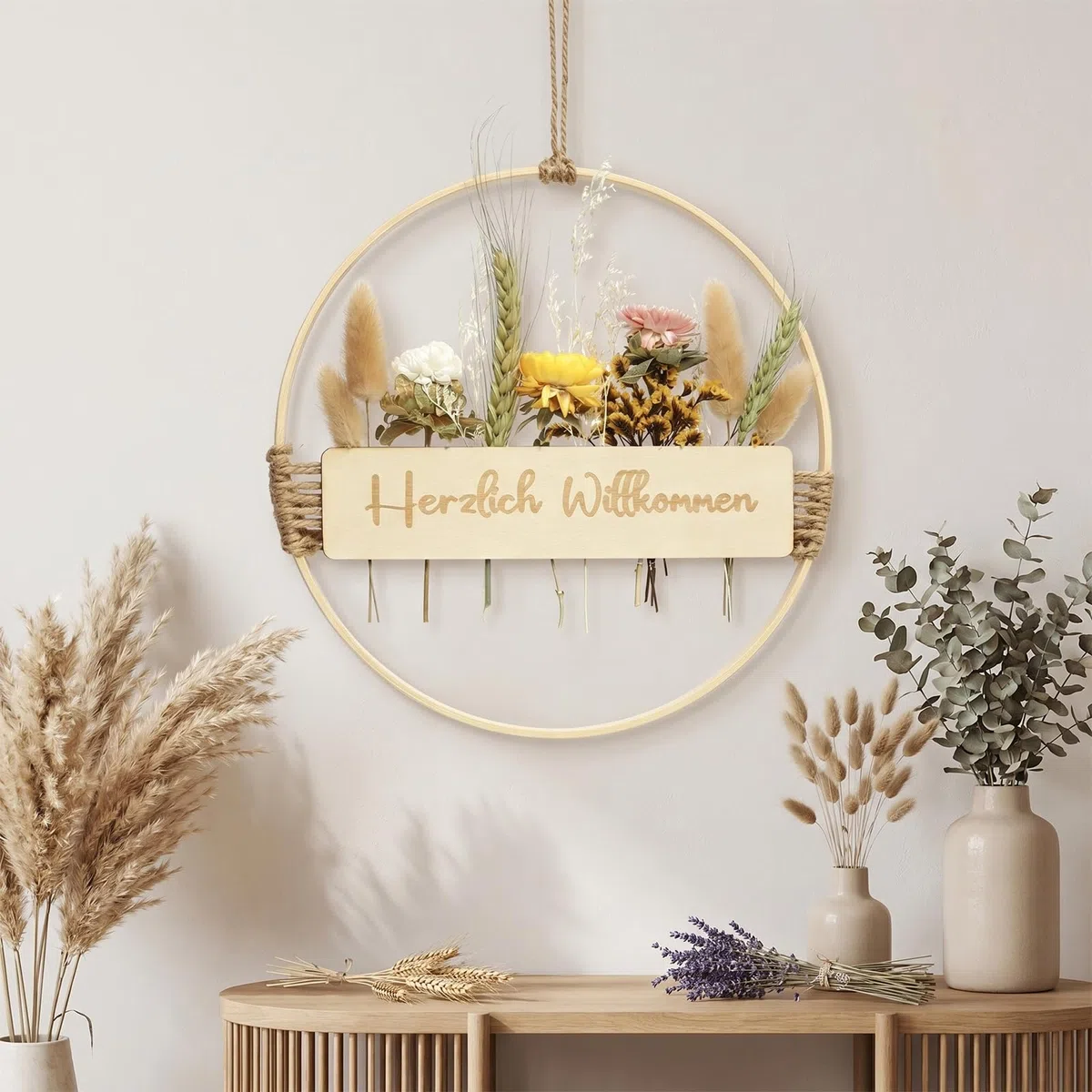 Trockenblumenkranz, 25 * 25cm Willkommen Türkranz Deko, Türkranz Sommer Boho Türdeko Ganzjährig Willkommensschild Haustür Hängedeko Trockenblumen Kranz für Wand Fenster Hochzeit Wohnzimmer Deko