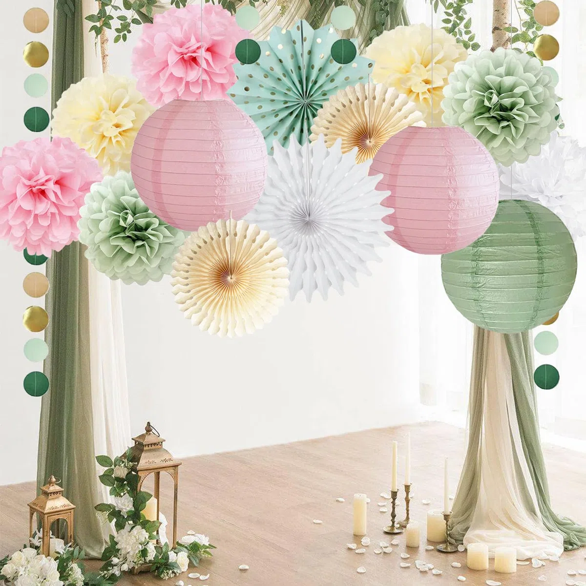 Salbeigrün und Rosa Party Deko Salbeigrün Beige Papierfächer Rosa Papierlaternen Salbei Geburtstag Mädchen Frau Deko mit Kreisgirlande für Babyparty Hochzeit Brautdusche Geburtstag Deko