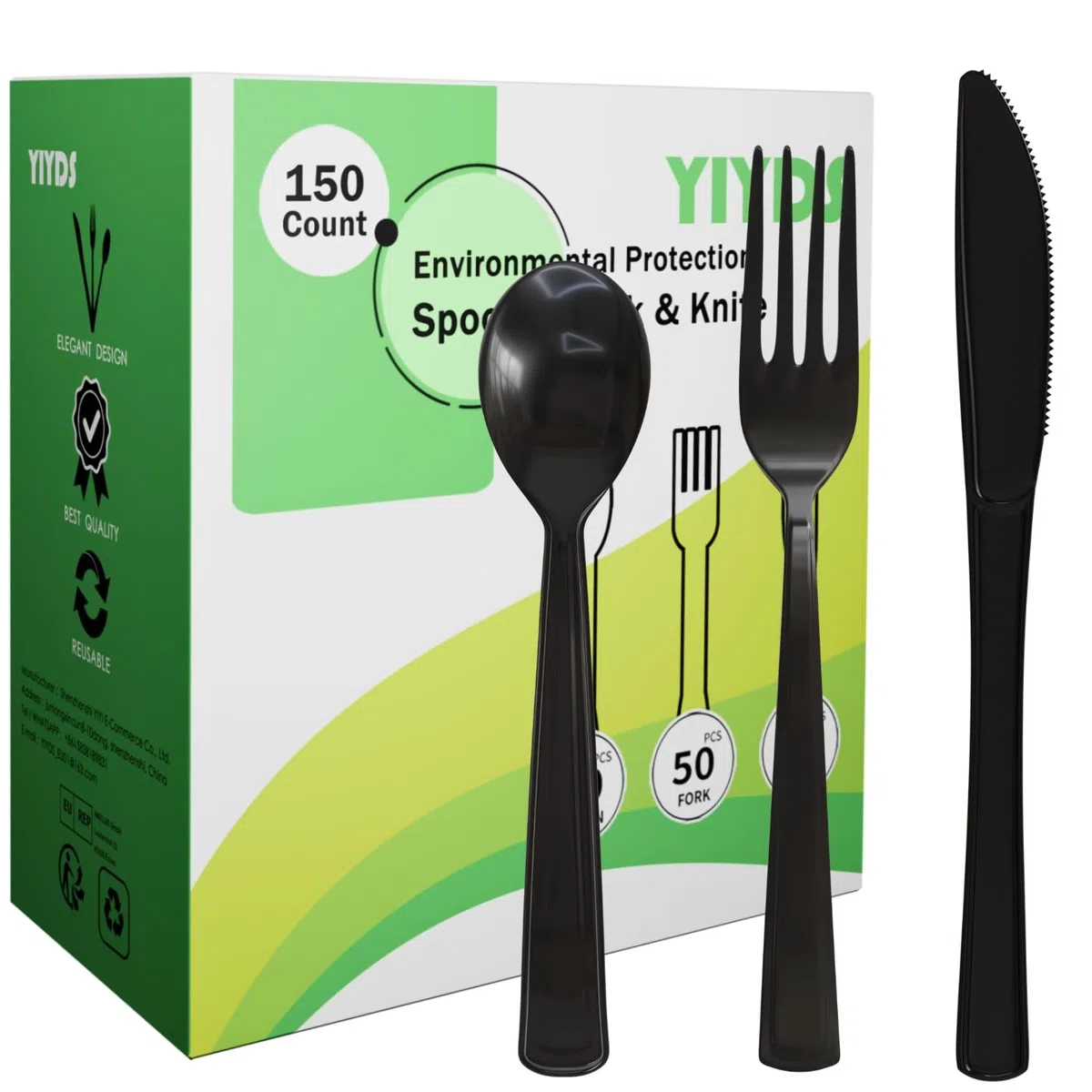 150 Stück Plastikbesteck, Strapazierfähiges Besteck Set aus Kunststoff, Party Hochzeit, schwarz,Messer, Gabel und Löffel je 50pcs Wiederverwendbar,Bestanden die LFGB-Lebensmittelsicherheitsprüfung