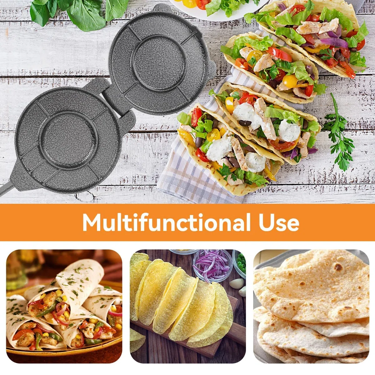 Tortilla Press, 6,5 -Zoll -Aluminiumlegierung Tortilla und Roti Maker Tortilla Maker Quesadilla Maker Burrito Maker Empanada Press Rotimatic Roti Maker mit faltbarem Griff für Teigentortillas