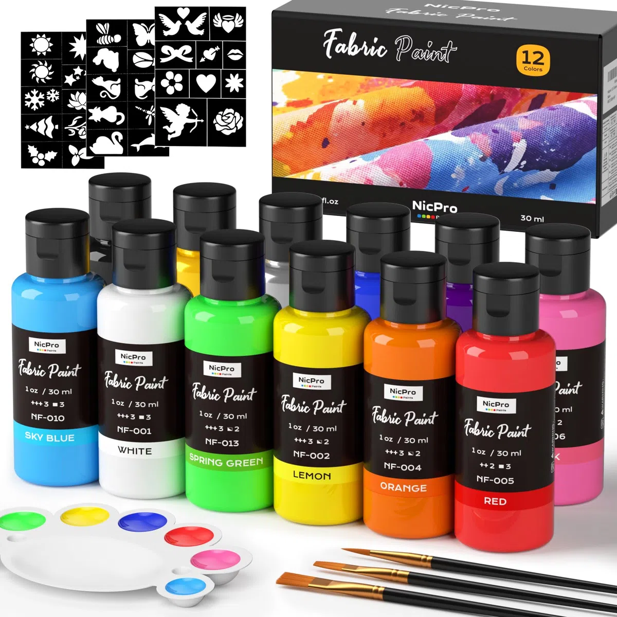 Nicpro Textilfarbe Waschmaschinenfest 12 Farben Je 30 ml, Stofffarben Waschfest, Stoffmalfarben mit 3 Pinsel, Palette, Vorlagen, Farbe für Kleidung, T-Shirts, Jeans, Taschen, Schuhe, Holz