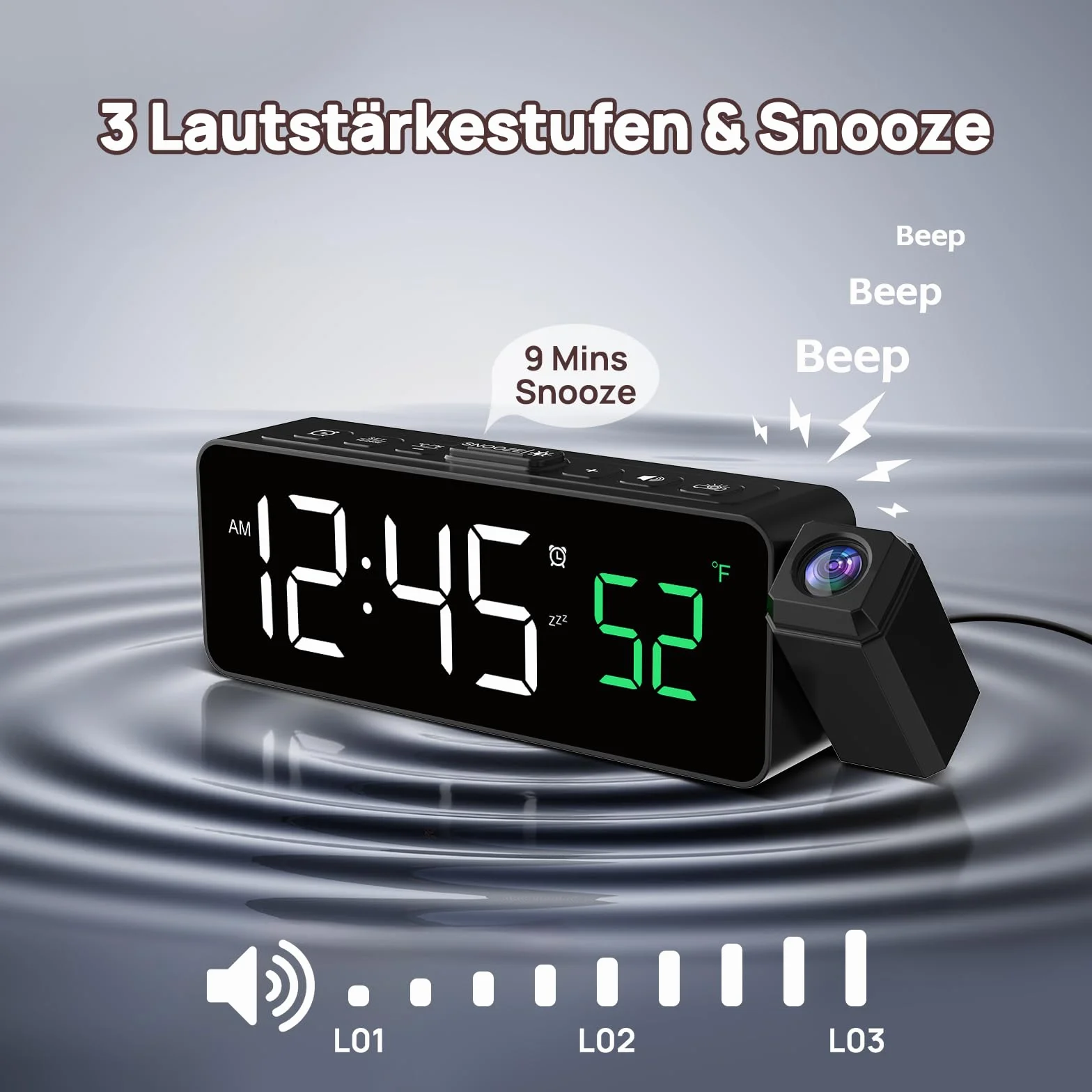 Netzu Projektionswecker für Decke Wände, Digitaler Wecker mit 180° Projektor, Temperaturanzeige, LED-Anzeige, 4 Helligkeit, 3 Lautstärke, 9-Min-Schlummer, 12/24H, Wecker mit Projektion