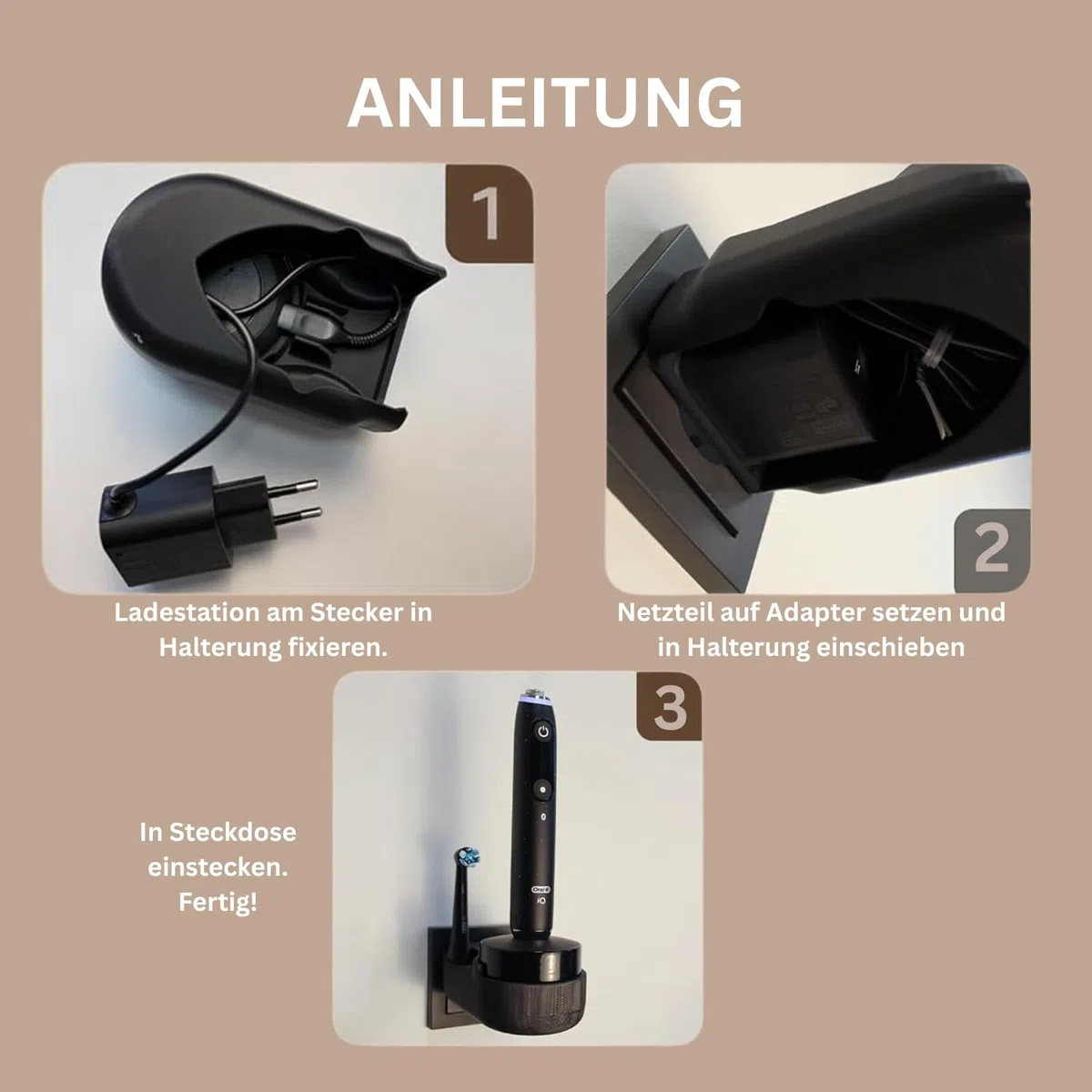 Halterung passend für Oral-B iO 10 – Zahnbürstenhalter – Steckdosenhalterung ohne Bohren – Zahnbürstenständer mit Kabelführung – Platzsparend & hygienisch – 3D-Druck - Made in Germany – Schwarz