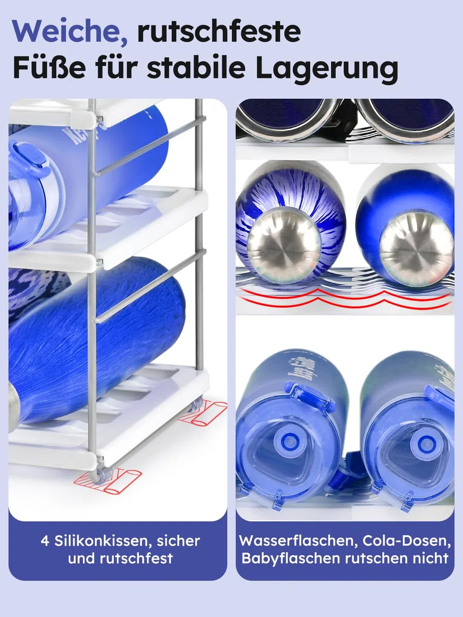 Ausziehbarer Flaschen Organizer 27-42 cm breit, 3 höhenverstellbare Ebenen mit rutschhemmender Wellenstruktur, für große 1,18-L-Becher, Kühlschrank, Küchenschrank, Arbeitsplatte und Büro