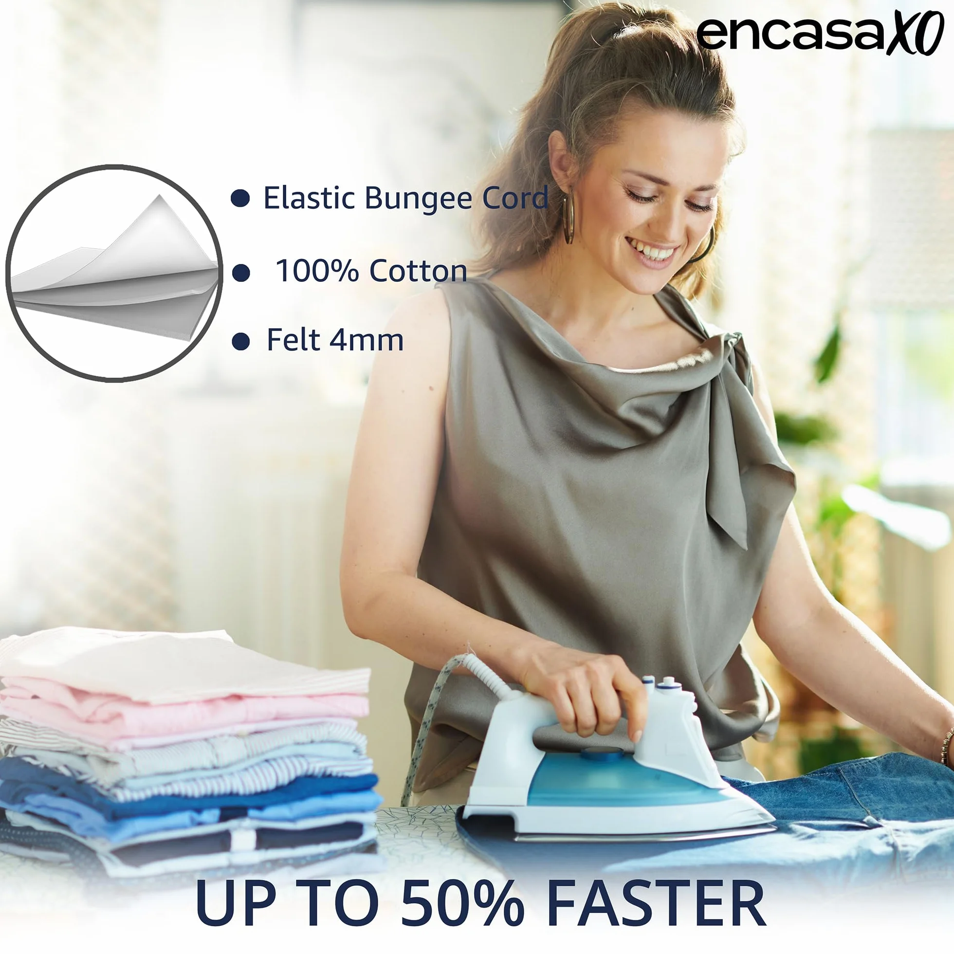 Encasa XO Ersatzbügeltischbezug mit extra dickem 4-mm-Filzpolster - Grau - einfarbig Baumwolle, elastisch, (Passt zu Large Standardbrettern von 125x39 cm) Wärmereflektierend