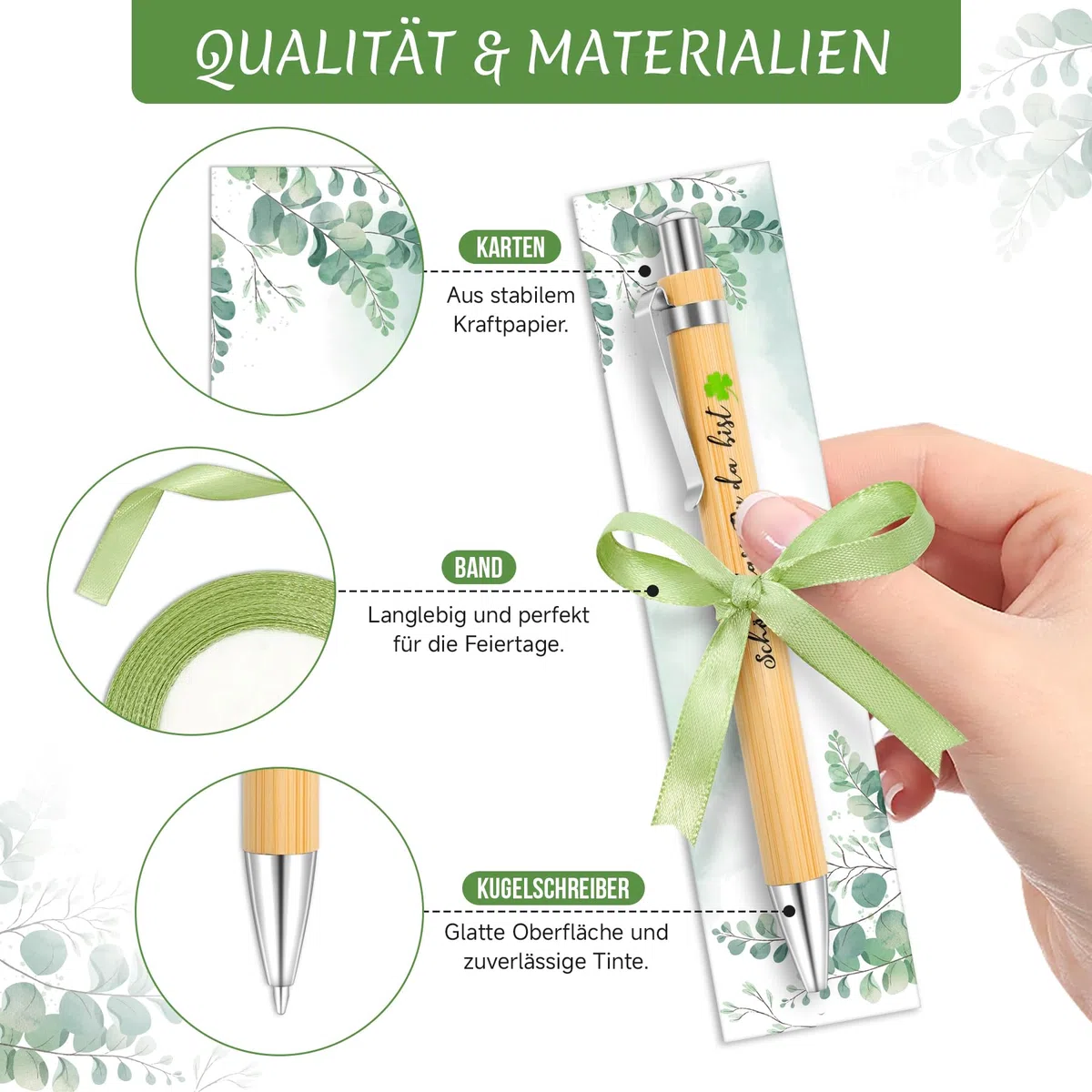 Okoss 30 Stück Schön dass du da bist Holz Kugelschreiber mit Eukalyptus Karte, Stifte Gastgeschenke Hochzeit Taufe Kommunion Konfirmation Geburtstag Abschied Abschluss Dankeschön Geschenk