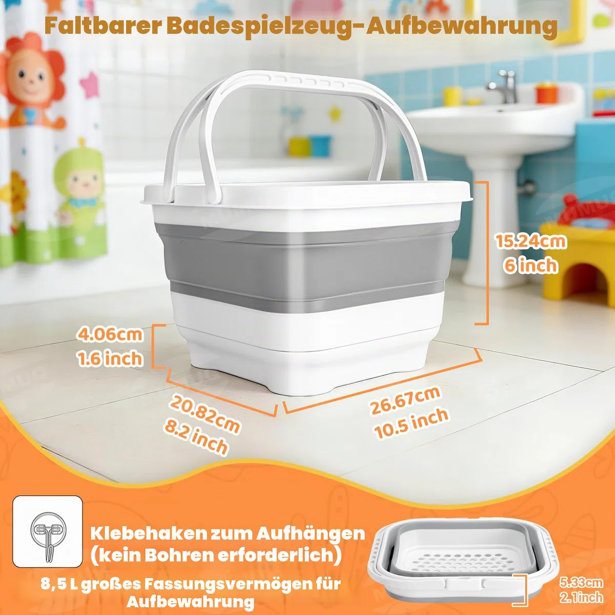 Badewannenspielzeug Aufbewahrung Faltbarer Badespielzeug Organizer, Badespielzeughalter mit Basis, Schnell Abfließender Trocknender Badewannen Spielzeugkorb, Grau