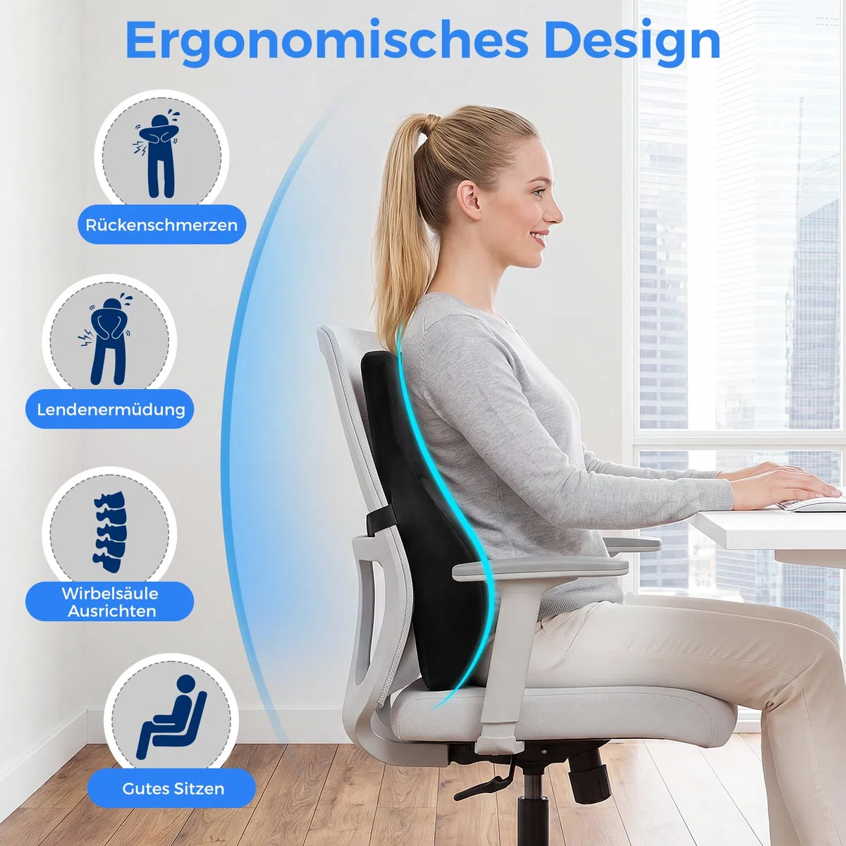 Lendenwirbelkissen Ergonomisch, Rückenkissen für Auto, Büro und Zuhause, Lendenkissen mit Memory Foam und Atmungsaktiver Hülle, Lordosenstütze zur Schmerzlinderung, Schwarz