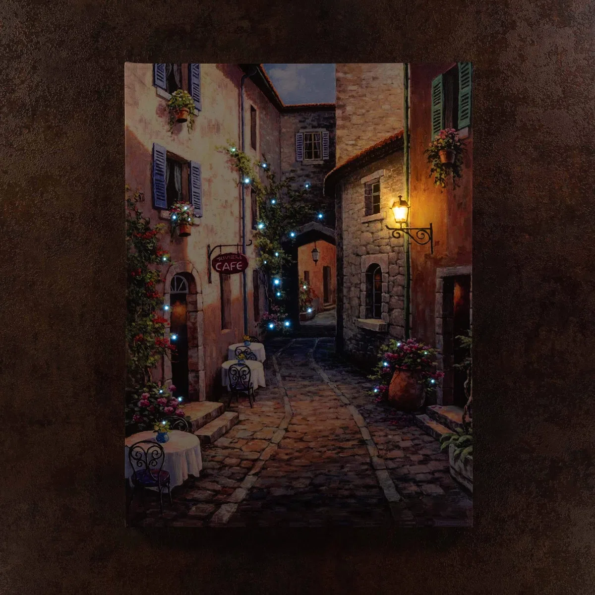 Nexos Trading LED Wandbild Leinwandbild mit Beleuchtung Fotodruck Altstadt 30x40 cm Kunstdruck Leuchtbild mediterrane Sommer Süden mit Glasfaser-LED Italien Rom
