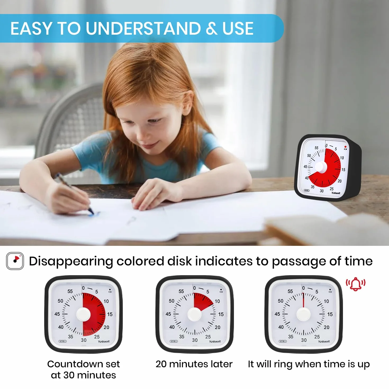 Visueller Timer, Yunbaoit Verbesserter 60 Minuten Countdown Timer für Kinder Erwachsene mit Alarm bei Niedrigem Batteriestand, Leises Zeit Management Werkzeug mit optionaler Alarm (Schwarz)
