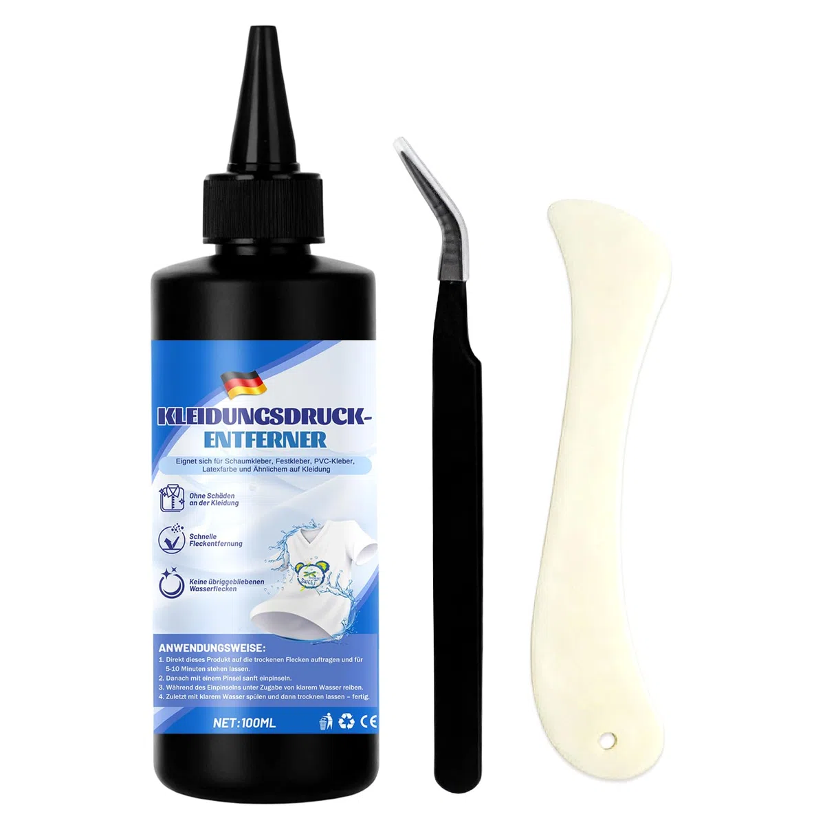 Flexentferner, Flockentferner Entferner Cleaner – Lösungsmittel zum Entfernen von Flex & Flock, Mit Schaber aus Kuhknochenimitat & Pinzette, Schonend für Textilien, 100ml