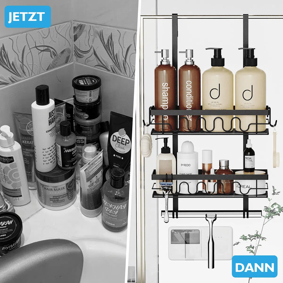 Duschablage ohne Bohren, Duschablage zum Hängen für Duschwand, Duschregal ohne Bohren mit 2 Duschkörben, Duschregal zum Hängen Shampoo Halterung für Dusche Schwarz