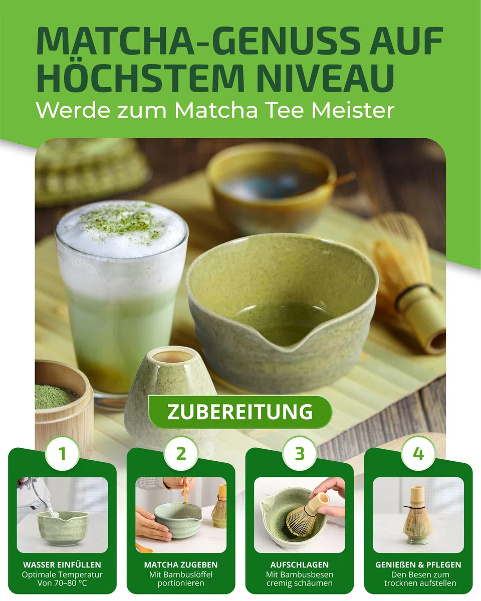 Matcha Set Grün – Premium Matcha Tee Set mit Matcha Schale, Bambus Matcha Besen & Matcha Zubehör - Japanisches Matcha Set für Teezeremonie & Matcha-Latte (Grün)
