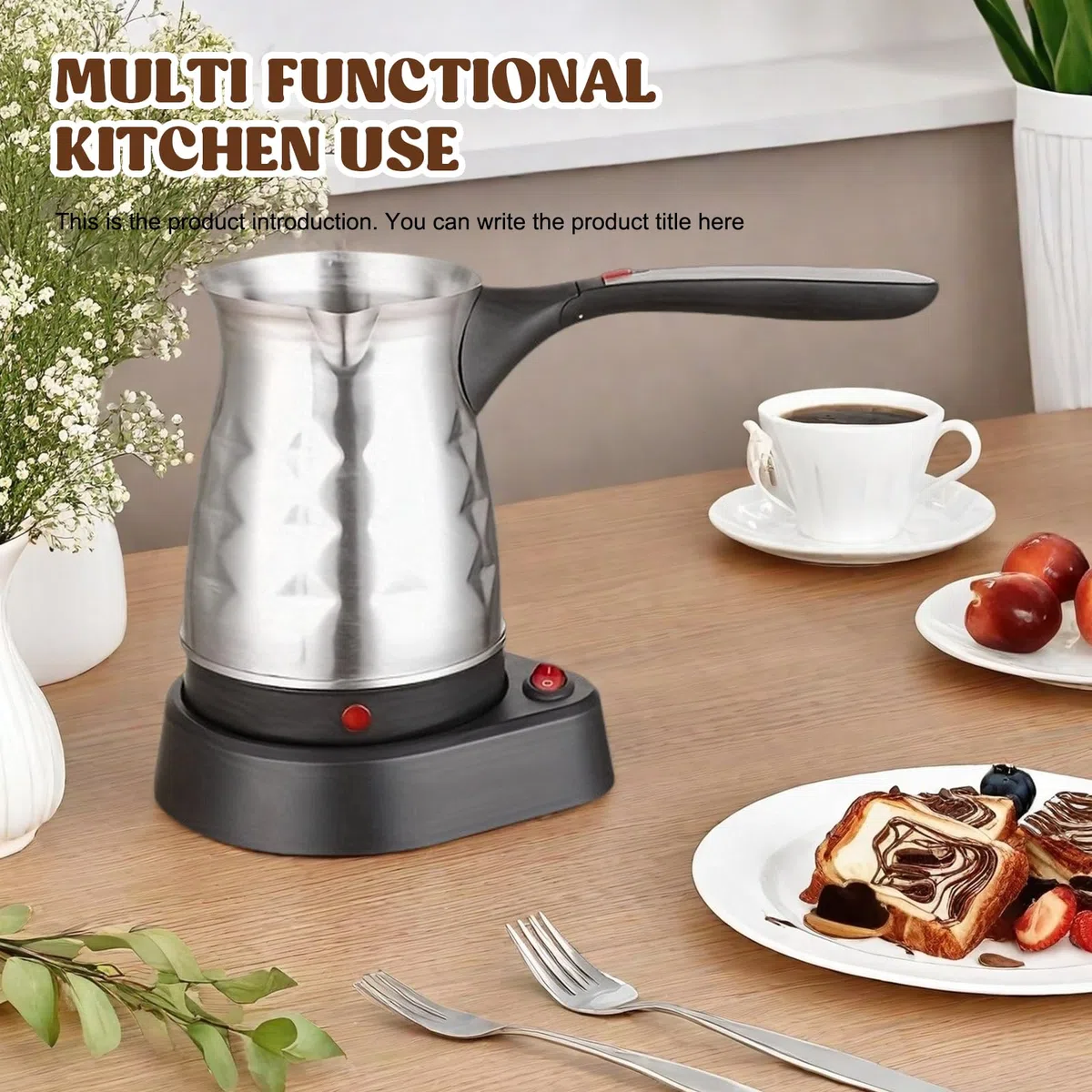 Elektrische Türkische Kaffeemaschine: 500ml 600W Edelstahl Türkischer Kaffeekocher mit Faltbar Handgriff, Mokkakanne Türkische Kaffeekanne Espressokocher für Reisen, Zuhause, Büro