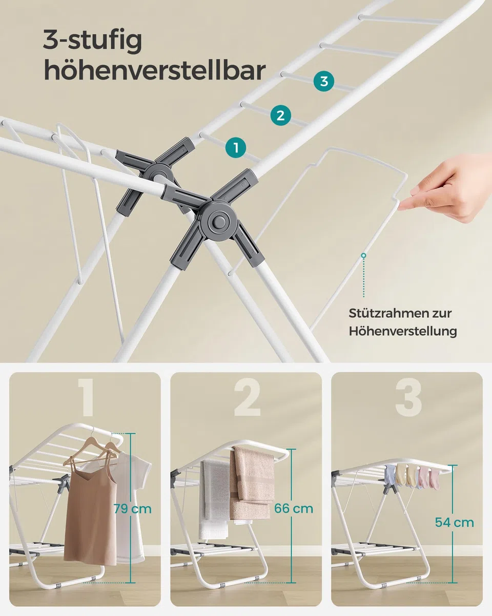 SONGMICS Wäscheständer klein, Faltbare Standtrockner mit 2 Flügeln, platzsparend, Metall, für kleine Kleidungsstücke, Handtücher, Badezimmer, Balkon, 44 x 101 x 54 cm, wolkenweiß LLR504W01