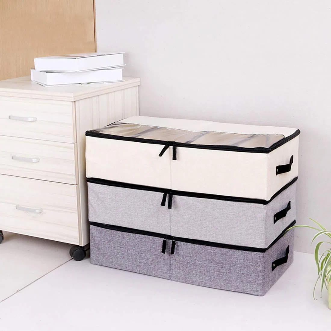 AARAINBOW Stoff Unterbettkommode mit Verstellbaren Zellen, Unterbett Schuhe Aufbewahrungsbox mit Deckel, 2 Stück, 24L, 58 cm, Faltbare Unterbett Schuhe Kleidung Aufbewahrung mit Griff (2 Grau)
