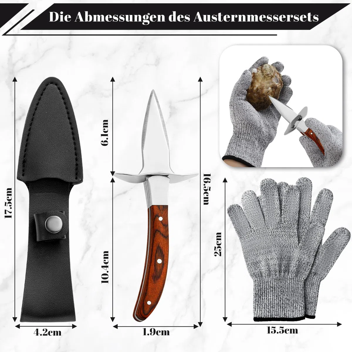 Austernmesser - Austermesser-Set mit 1 Paar Schutzhandschuhe und 1 Leder-Messerschale, Professioneller Austernöffner aus Edelstahl, Holzgriff, Geeignet für Schalentiere oder Harten Käse