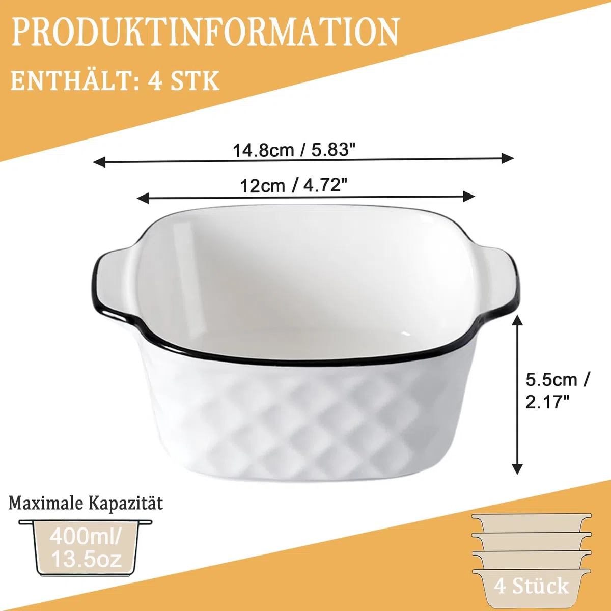 4er Set Keramik Auflaufform, 400ML Auflaufform Klein, 14.5 x 11.5 x 5.5 cm Quadratische Backformen, Grillpfanne mit Griffen, Kleine Backform für Airfryer, Backofen (Rautenquadrat-Teller)