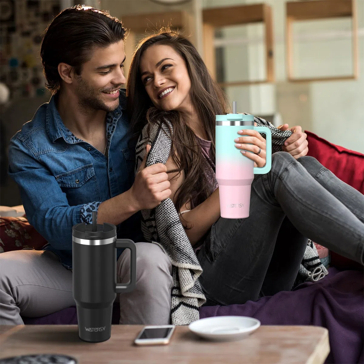 WATERSY 1.2L Thermobecher mit 2 Strohhalmen, Trinkbecher Auslaufsicherer Kaffeebecher To Go Vakuum-Isoliert mit BPA frei Schraubdeckel, Trinkflasche Kühlt 12 Stunden,Bonbonrosa