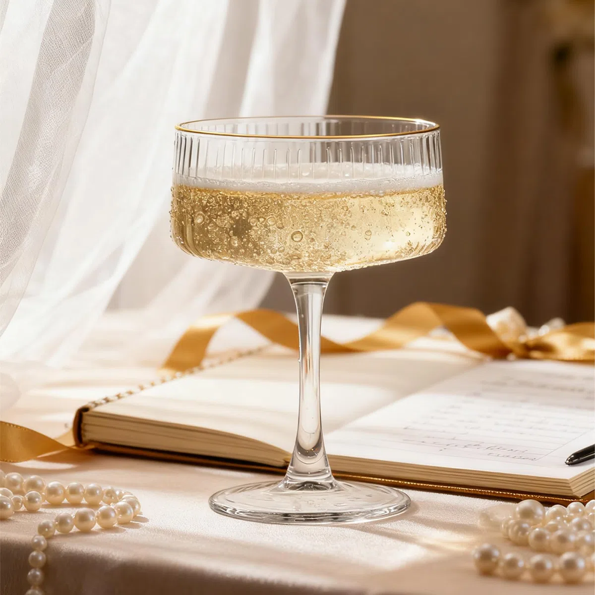 Sektschalen 4er Set,260 ml Champagnerschalen mit Goldrand,Vintage Coupe Gläser aus bleifreiem Glas für Champagner,Sekt,Prosecco und Cocktails,Geriffelte Cocktailgläser