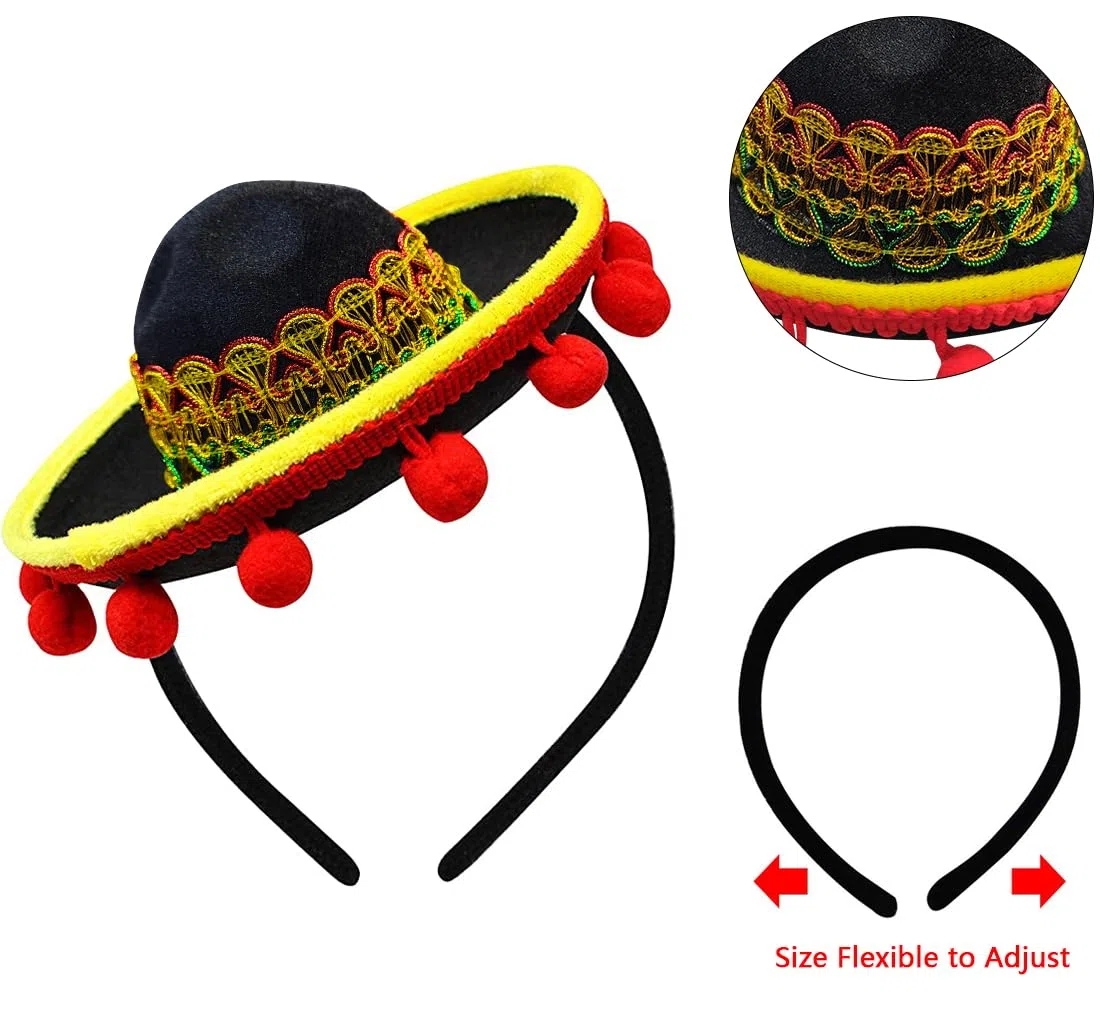 Set von 6 Cinco de Mayo Stroh Sombrero Stirnband Stoff Partyhüte mit Ball Fransen Dekoration für Fiesta Hut Partyzubehör, Dia de Muertos, mexikanische Themen Dekorationen Partyzubehör