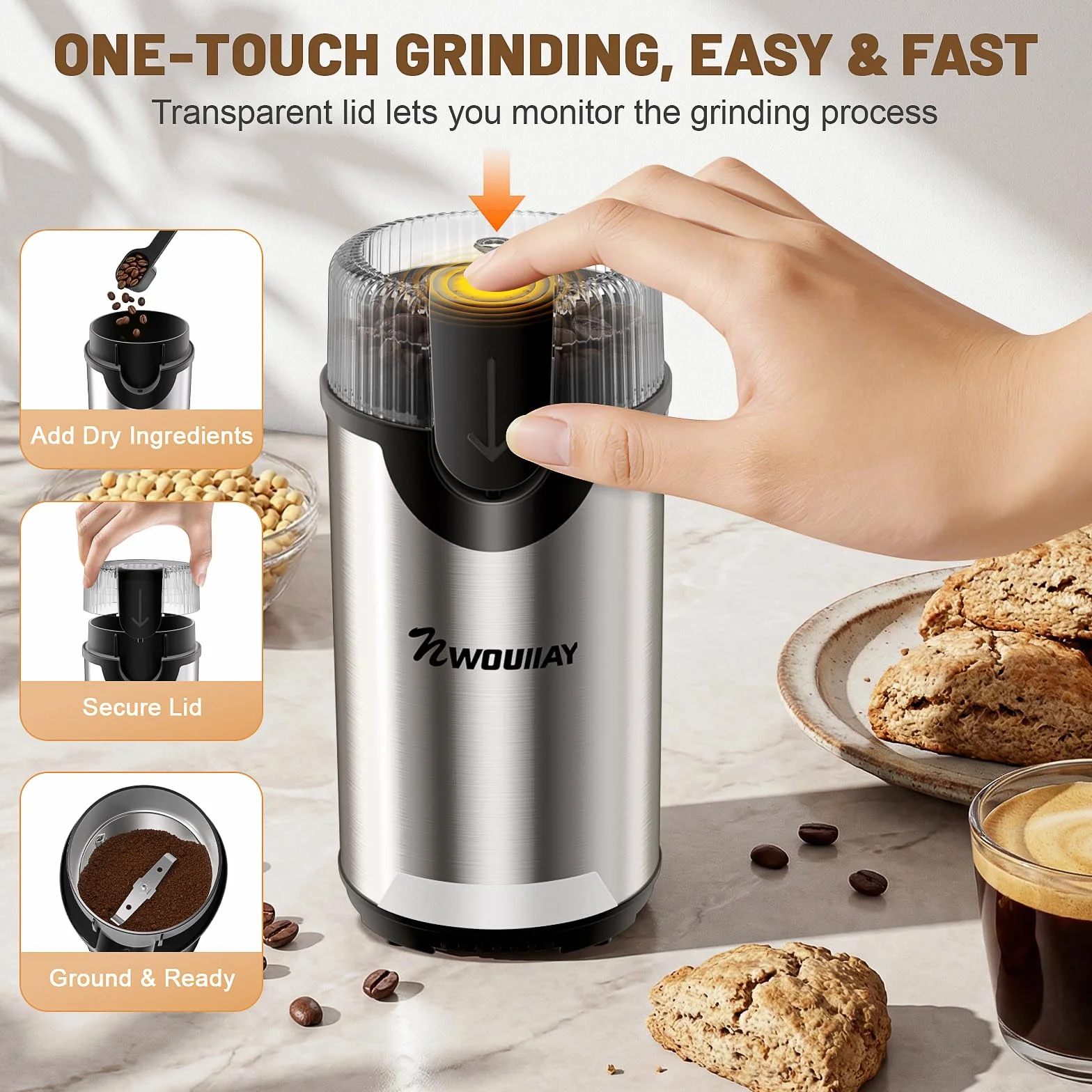 Elektrische Kaffeemühle 300W 80g für Kaffeebohnen und Gewürze | Kaffeemühle 304 Stahlklingen Kaffeebohnen Klingen One-Touch Bedienung Sicherheitsdeckel geeignet für Nüsse Körner Samen