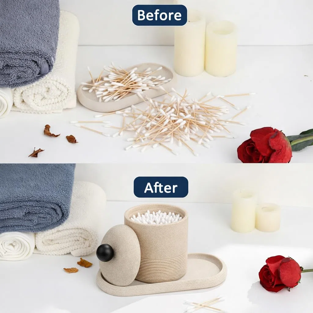 Wattestäbchen Behälter mit Deckel, Langlebiger Wattepads Aufbewahrung zur Badezimmer Aufbewahrung & Organisation für Qtips Behälter, Zahnseidesticks und Wattestäbchen - Beige
