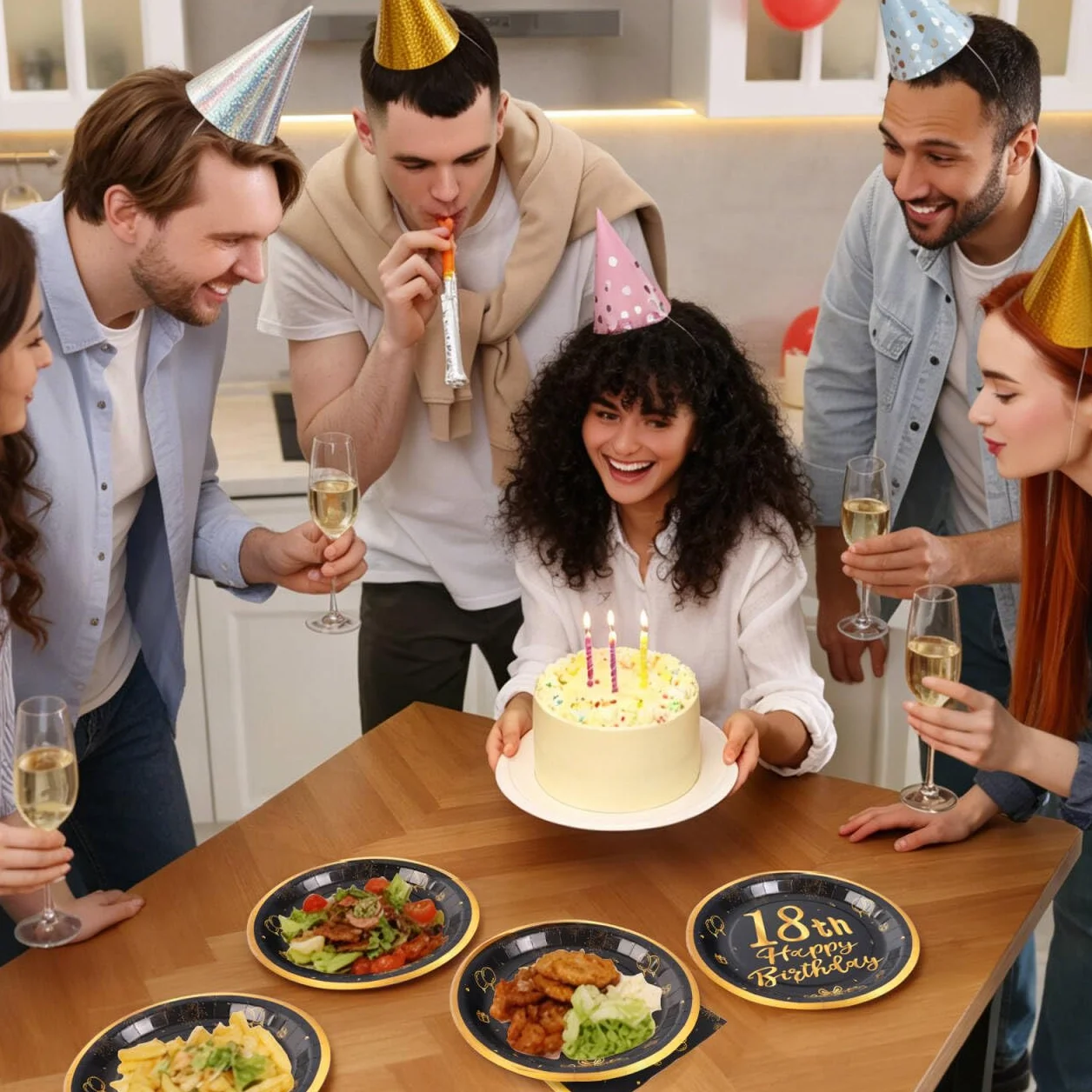96 Stück Schwarz und Gold Geburtstag Party Geschirr Set für 24 Gäste - 18th Pappteller Set für Kinder Tischdekoration