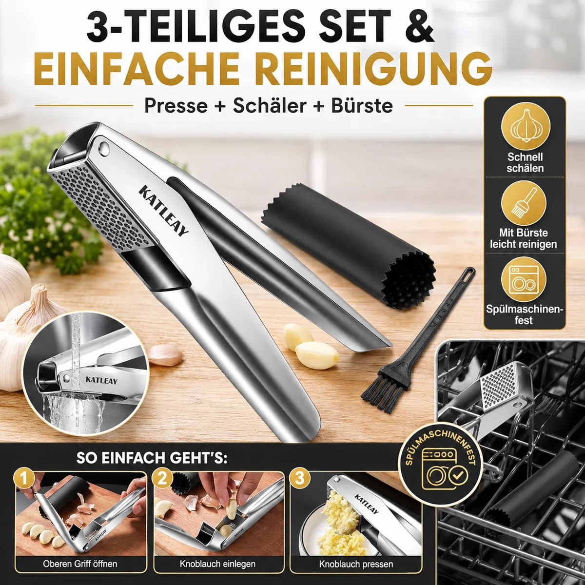 Profi Knoblauchpresse Edelstahl, Garlic Press Spülmaschinenfest - mit Schäler und Bürste, Leicht zu Quetschen, Leicht zu Reinigen, Bequem zu Halten, für Knoblauch & Ingwer (Kein Schälen Nötig)