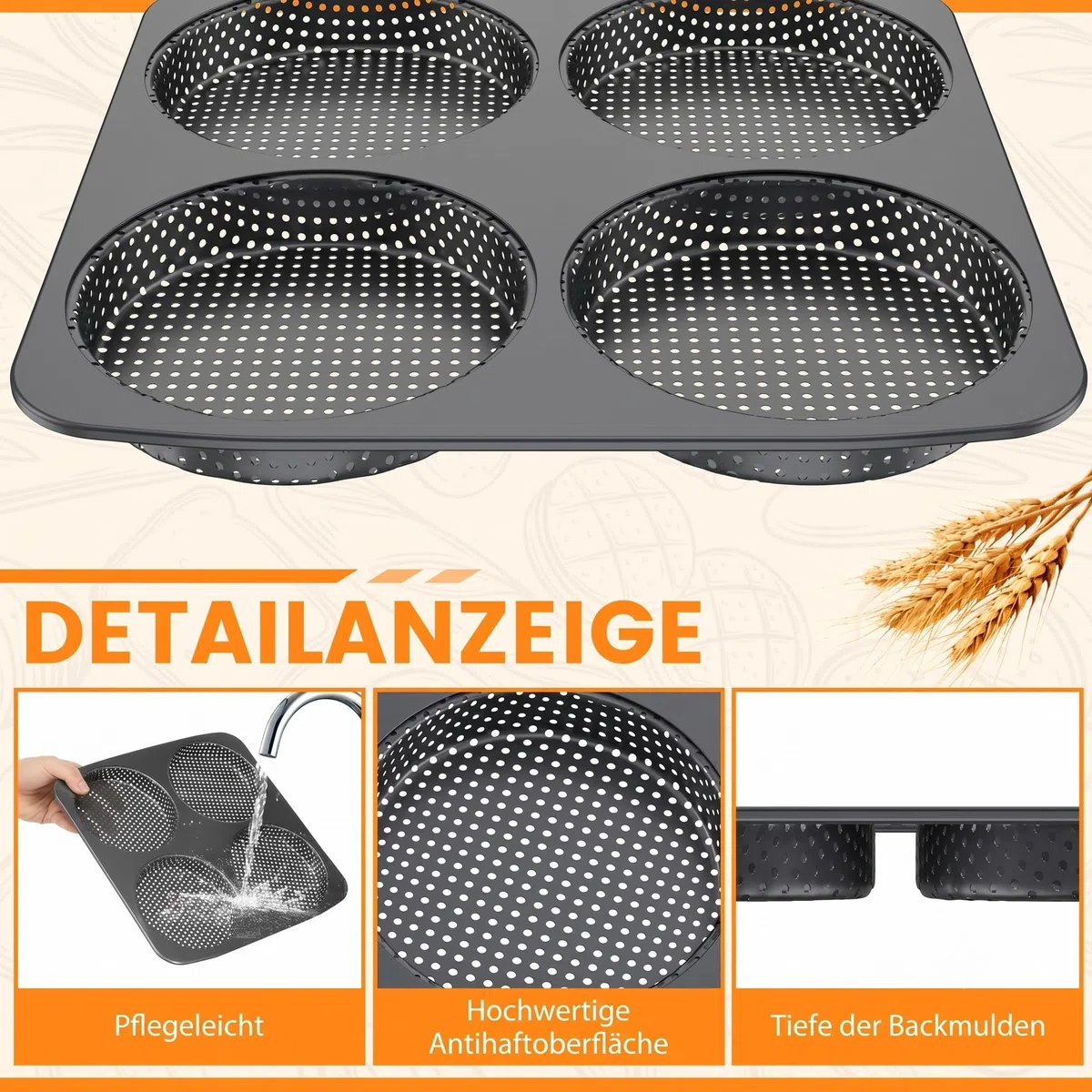 Burger Buns Backform, Perforierte Backform für 4 Burger Buns aus Karbonstahl, Brötchenblech Hitzebeständig bis 450°C, Perfekte Backergebnisse dank Antihaftbeschichtung, leicht zu reinigen