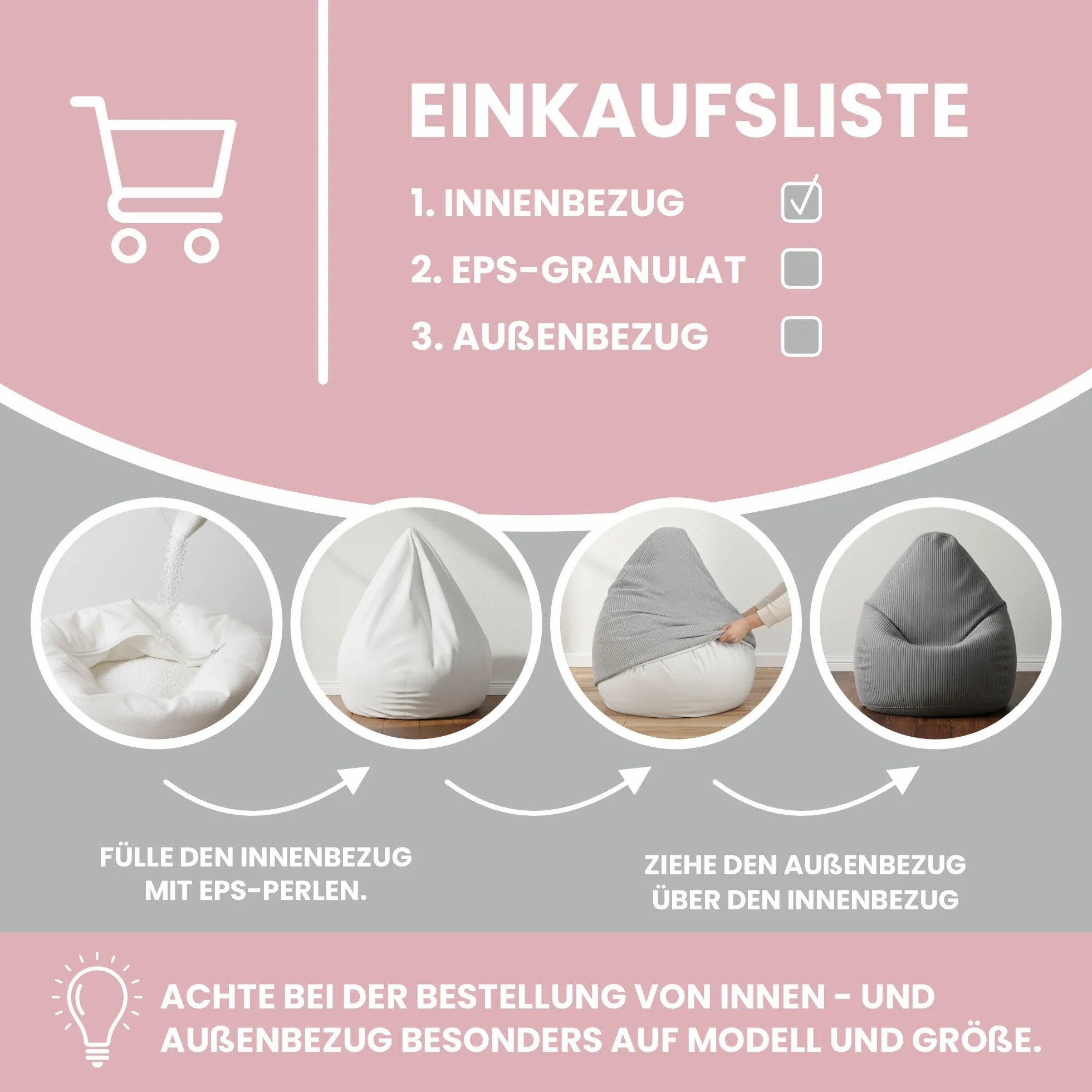 DreamRoots Sitzsack Bezug ohne Füllung - Innenhülle S 70x105 cm - Innensack waschbarer Oeko-TEX Bezug zum Befüllen mit Styroporkugeln, Ersatz-Innenbezug für Bean Bag