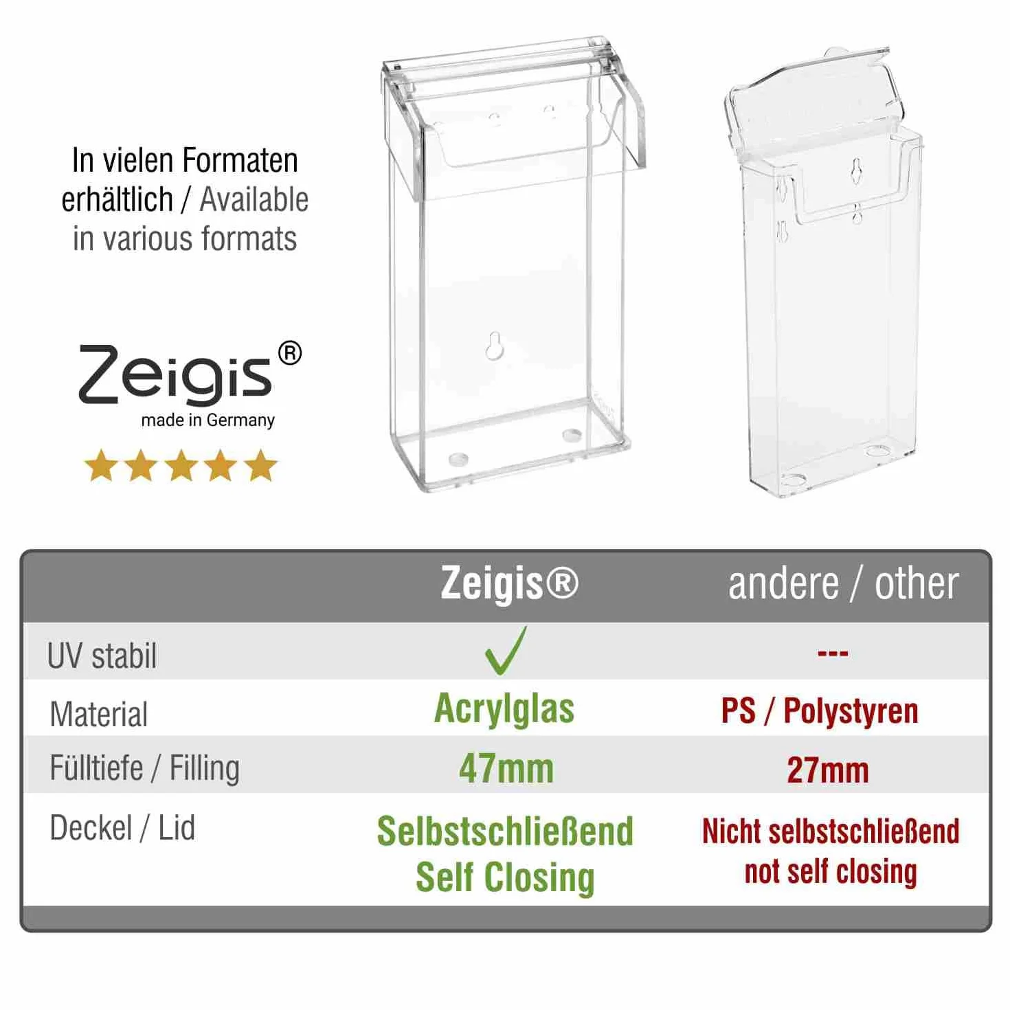Zeigis DIN A6 Prospektbox/Prospekthalter/Flyerhalter im Querformat, wetterfest, für Außen, mit Deckel, aus glasklarem Acrylglas