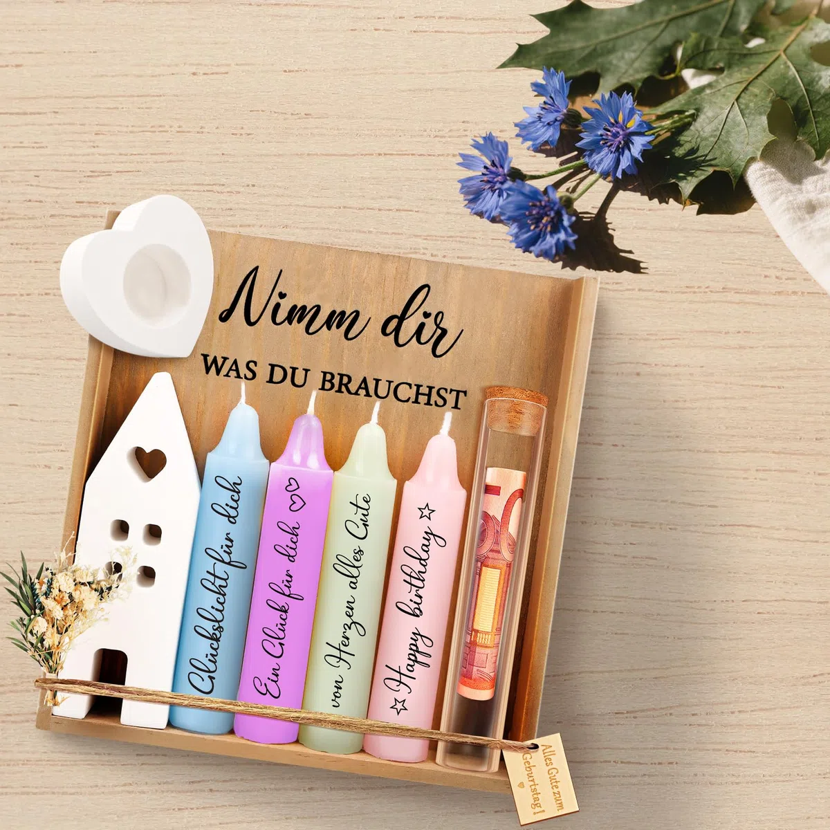 TUZELIYA Geschenke für Frauen, Geschenk Freundin Geburtstag, Kerzen Geschenkset, Deko Kerzenhalter Set, Nimm dir was du brauchst, Geburtstagsgeschenk für Mama, Schwester, Beste Freundin Geschenkset