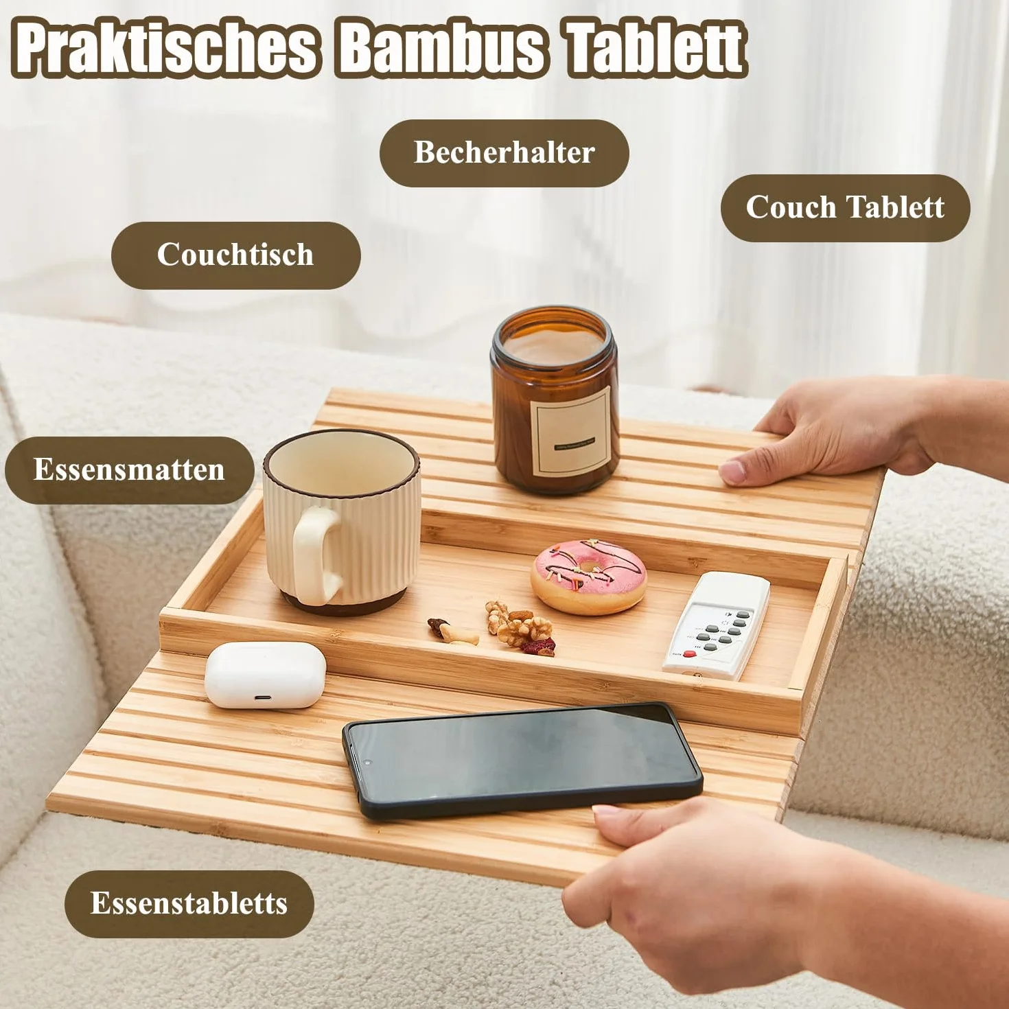 Sofatablett, Faltbares Bambus Rutschfester Couch Tablett, Armlehne, Couch Sofa Tisch für Snacks, Handy, Tassen