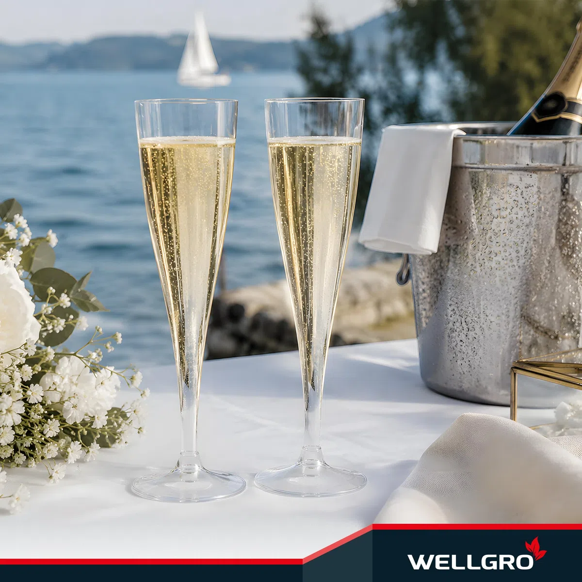 WELLGRO Sektgläser Set aus Kunststoff 100ml mit Eichstrich Sektkelch glasklar BPA-frei Mehrweg Wiederverwendbar Champagner Prosecco, Stückzahl:30 Stück