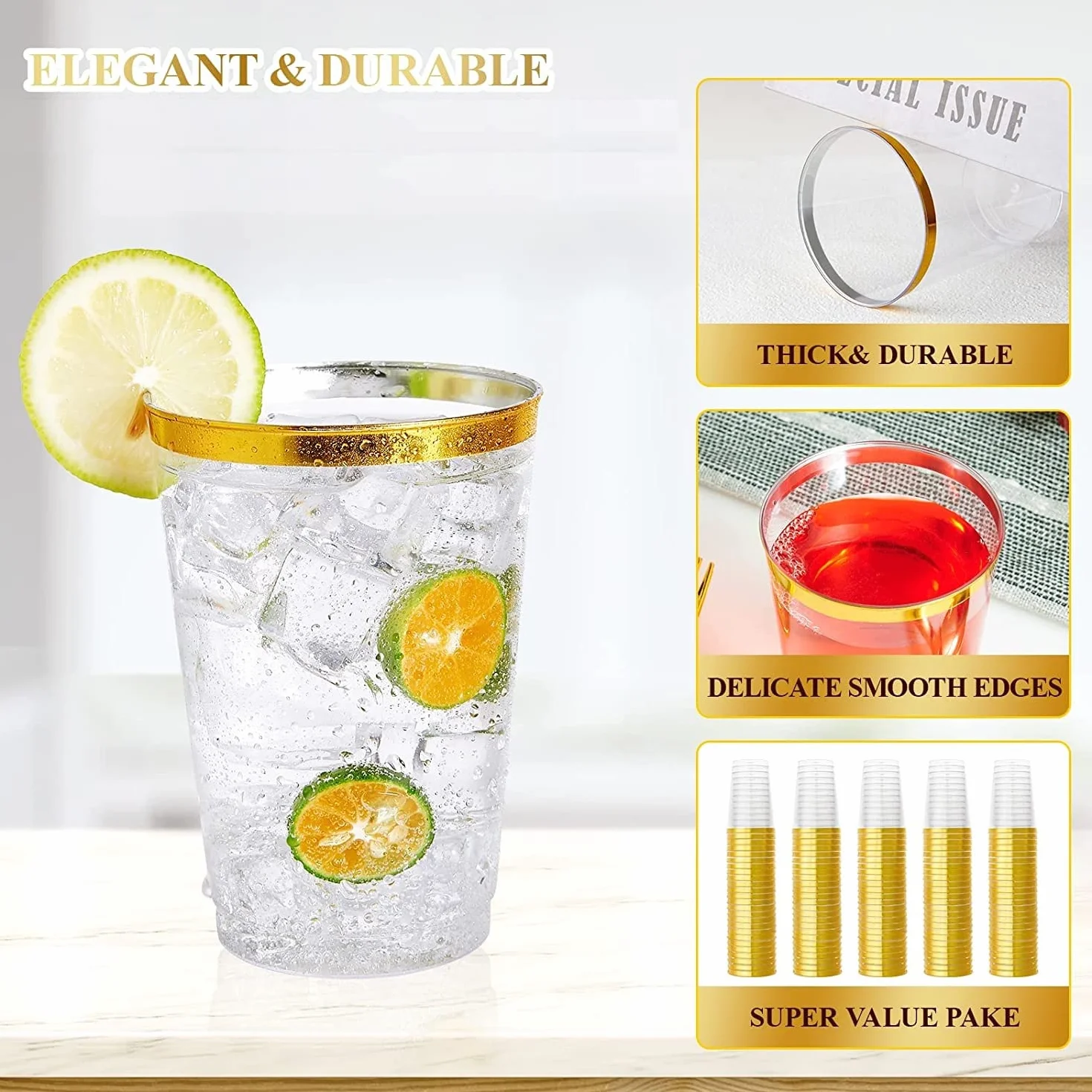 LATERN 50 Stück Plastikbecher mit Goldrand, 360ml Becher aus Kunststoff Wiederverwendbare Trinkbecher Elegante Party Weingläser für Champagner Bier Cocktail Martini Soda Dessert (10,5 x 7,5cm)