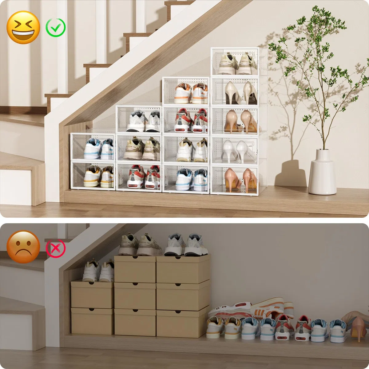 Schuhboxen Stapelbar, 12 Stück Schuhaufbewahrungsboxen, durchsichtiger stapelbarer Schuhorganizer aus Kunststoff mit Deckel für Damen/Herren, passend für Größe 10 (32,5 x 23 x 13,5 cm, weiß)