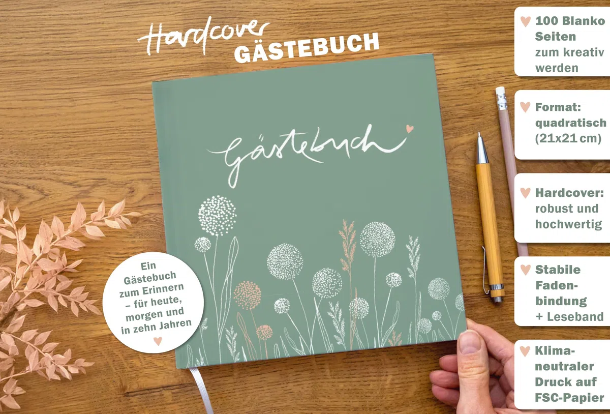 Eine der Guten Gästebuch für Hochzeit, Geburtstag, Ferienwohnung, Taufe, blanko Hochzeitsgästebuch Grün, 100 Seiten festes FSC Papier, klimaneutral, Premium Hardcover mit Fadenbindung, 21x21 cm