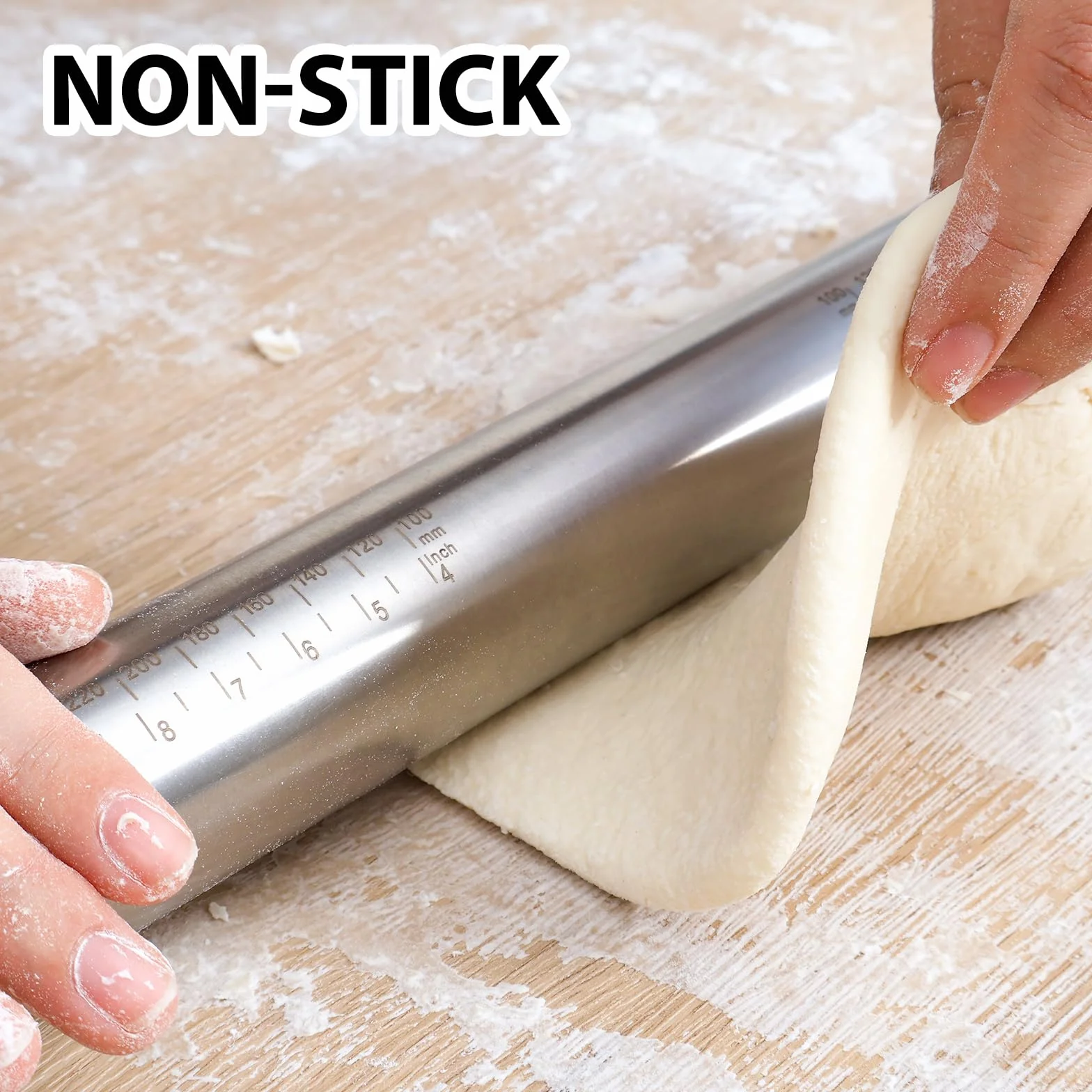 SUPER KITCHEN Nudelholz Einstellbares Edelstahl Teigroller, Antihaft Metall Nudelhölzer Fondant Teigrolle mit abnehmbare Ringe in 5 Größen, Backzubehör Rolling Pin für Pizza, Cookie, Gebäck Teig, 40cm