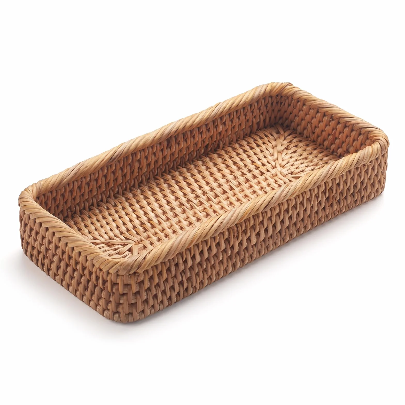 Rattan Badezimmer Eitelkeit Tabletts Toilettenbehälter Korb Aufbewahrung Lange Schmale Handtuch Aufbewahrungskorb für Lagerung, Dekorativ (Natürliche 26 x 12.5 x 4cm)