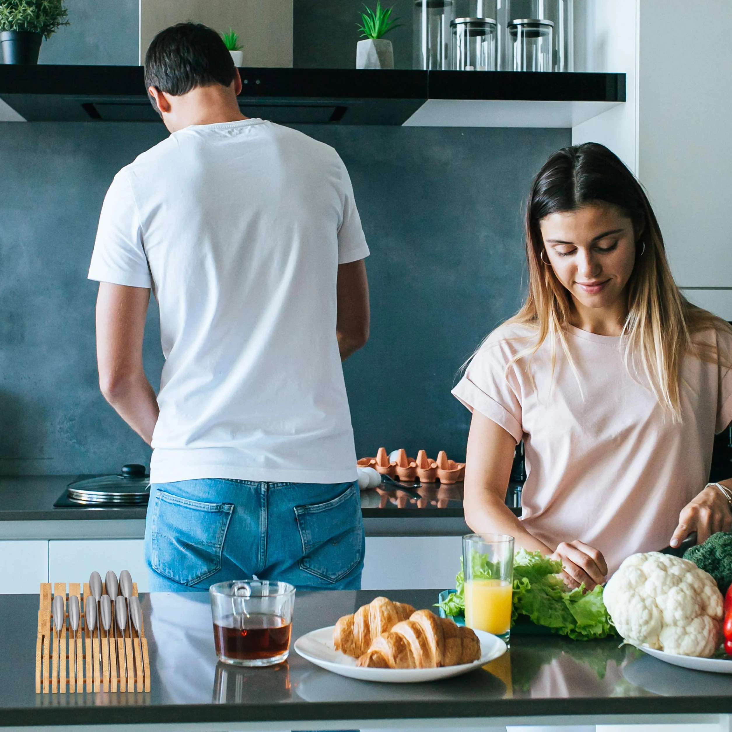 Relaxdays Messerblock Schublade, liegend, Bambus, für 13 Messer, HBT: 5x17x40 cm, Schubladeneinsatz, Natur, 10020296_61