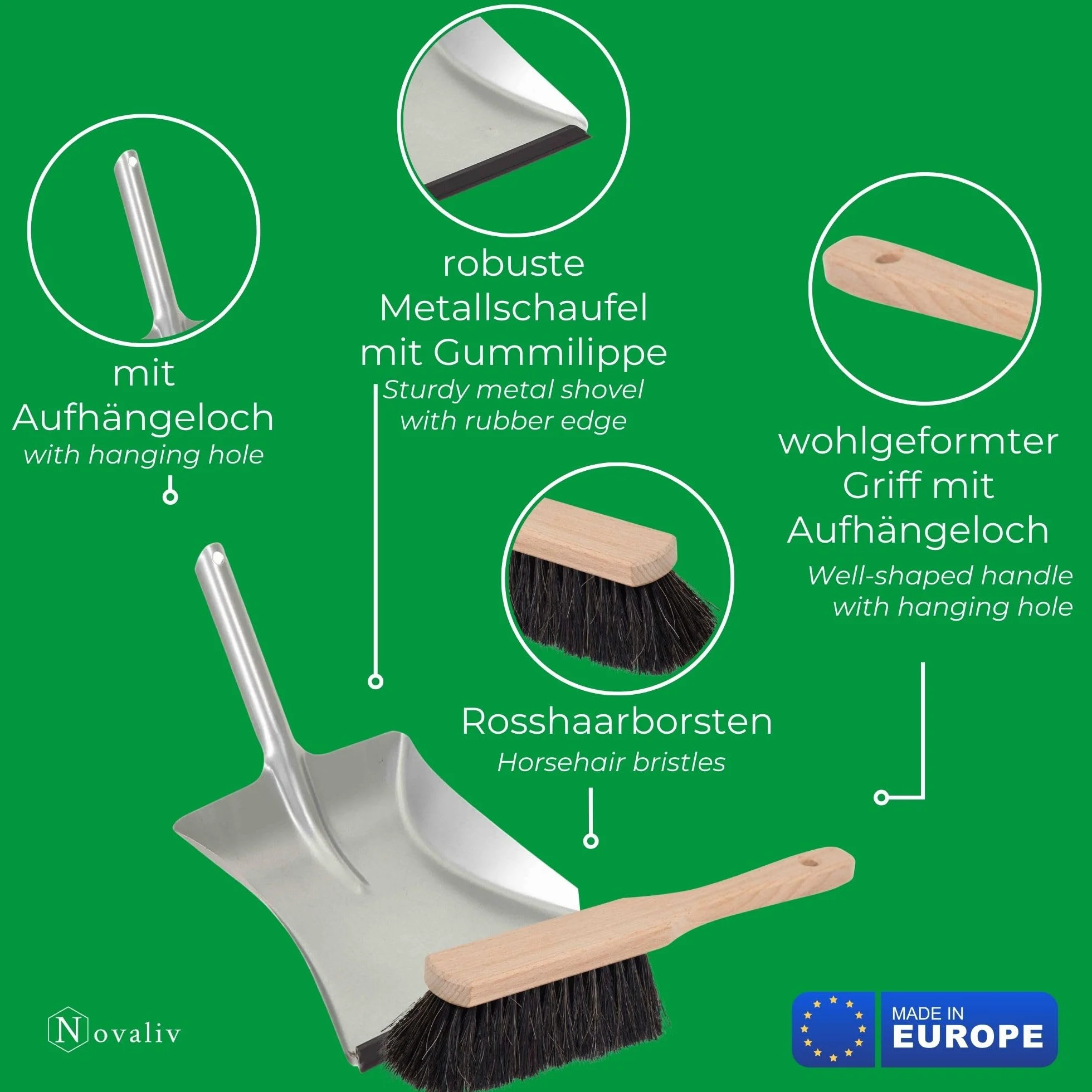 Novaliv Kehrblech Set - Handfeger ROSSHAAR und Kehrblech mit Gummilippe Silber verzinkt - Kehrblechbesen zum Aufkehren - Handkehrset mit Kehrschaufel und Feger