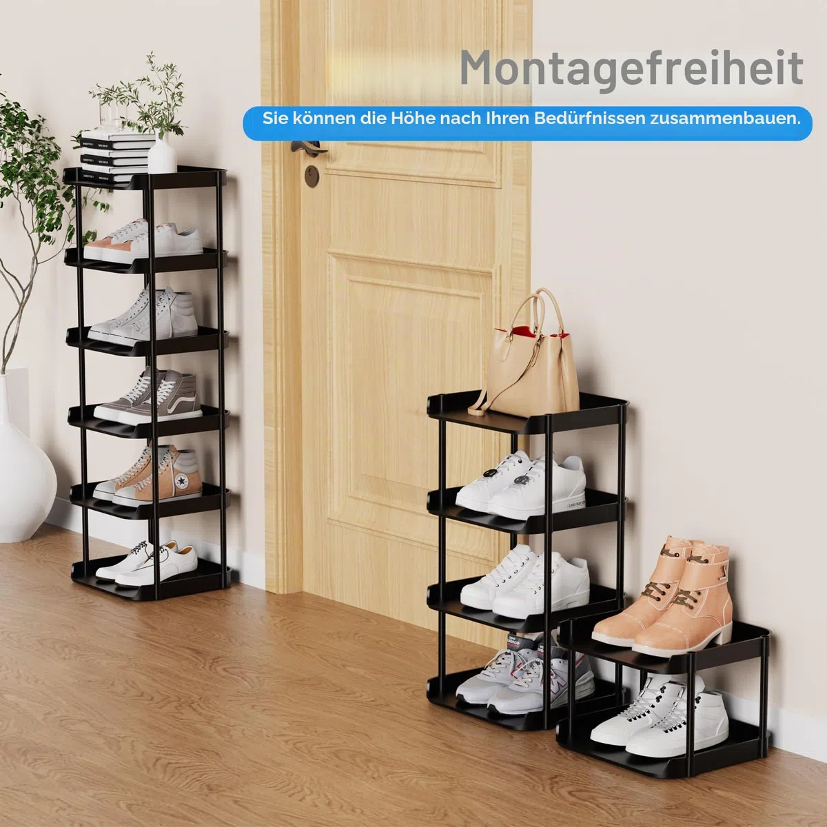 6 Ebenen Schmal Schuhregal, Mehrschichtiges Hoch Schuhregale Platzsparend, Stapelbar Klein Standregal, Vertikales Plastik Regal, Shoe Rack für Treppe, Flur, Küche, Schlafzimmer, Schwarz