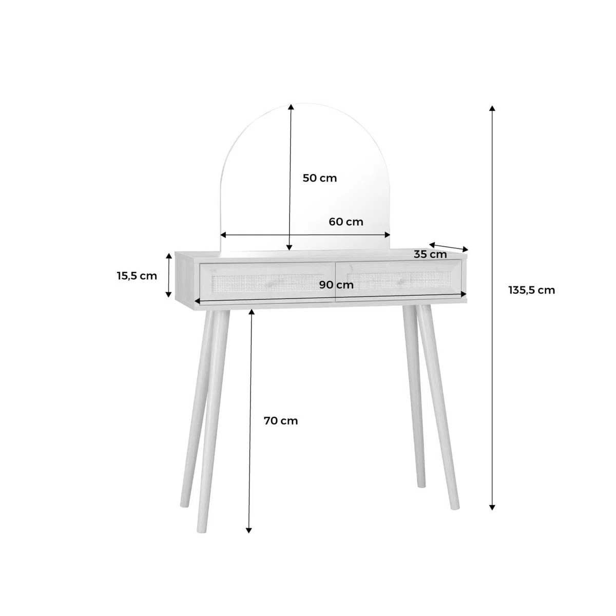sweeek - Schminktisch mit abgerundetem Spiegel und 2 Schubladen mit Rattan-Geflecht, skandinavischer Stil, B 90 x T 35 x H 135,5 cm - Bohème
